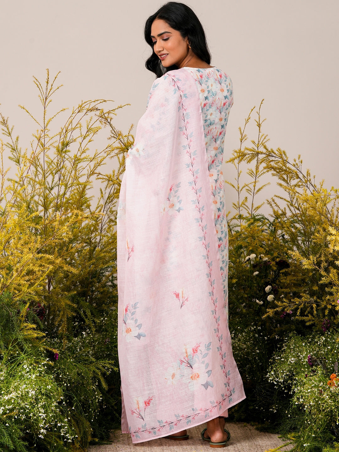 Pink Printed Linen Straight Suit With Dupatta