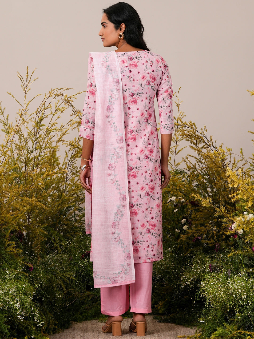 Pink Printed Linen Straight Suit With Dupatta