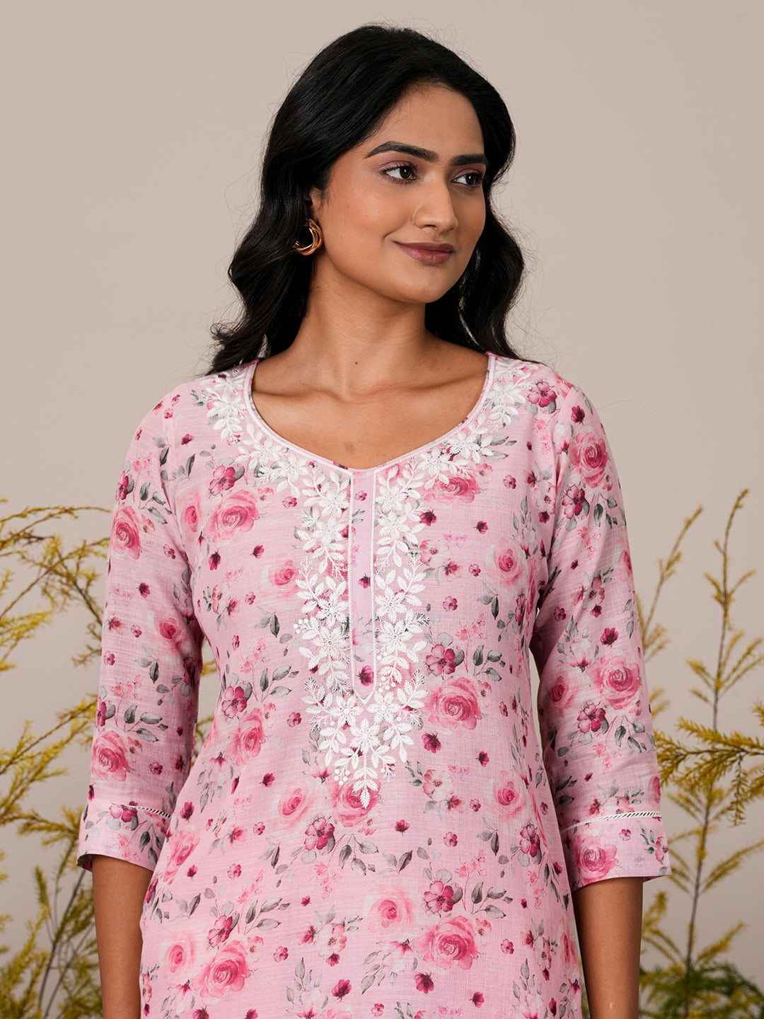 Pink Printed Linen Straight Suit With Dupatta