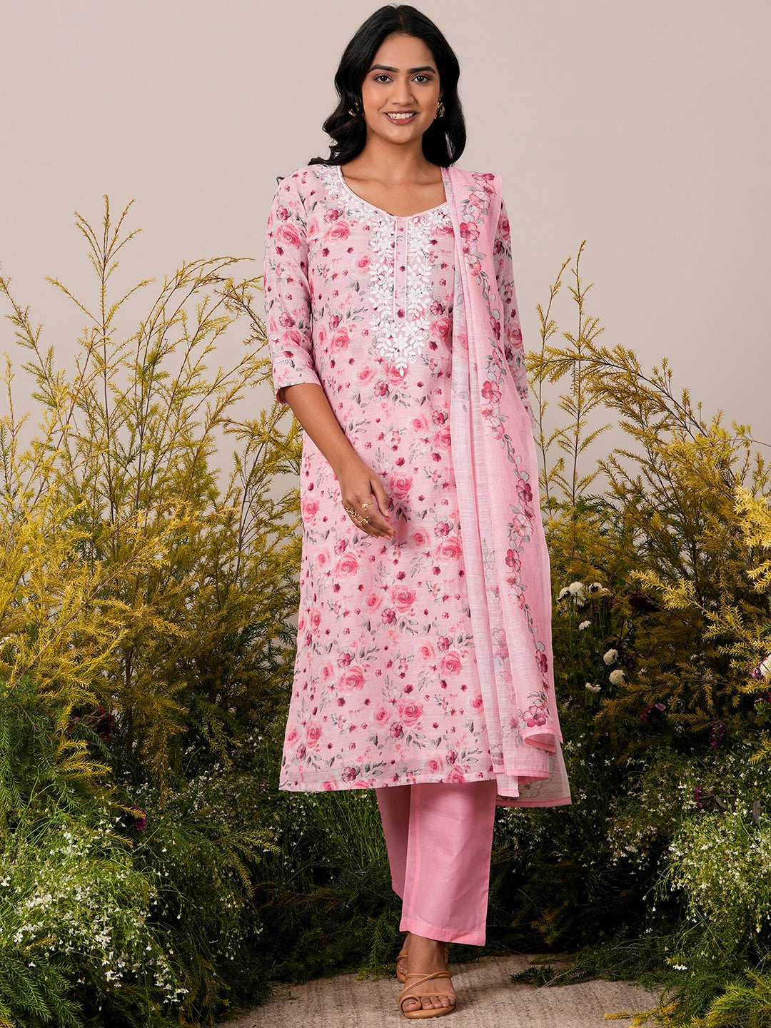 Pink Printed Linen Straight Suit With Dupatta