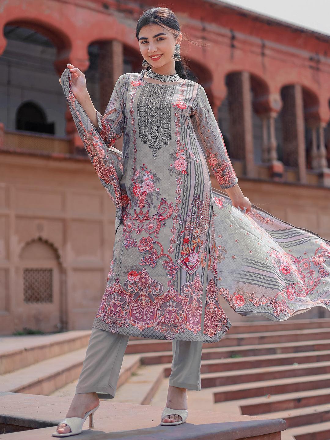 Grey Printed Silk Blend Straight Suit With Dupatta