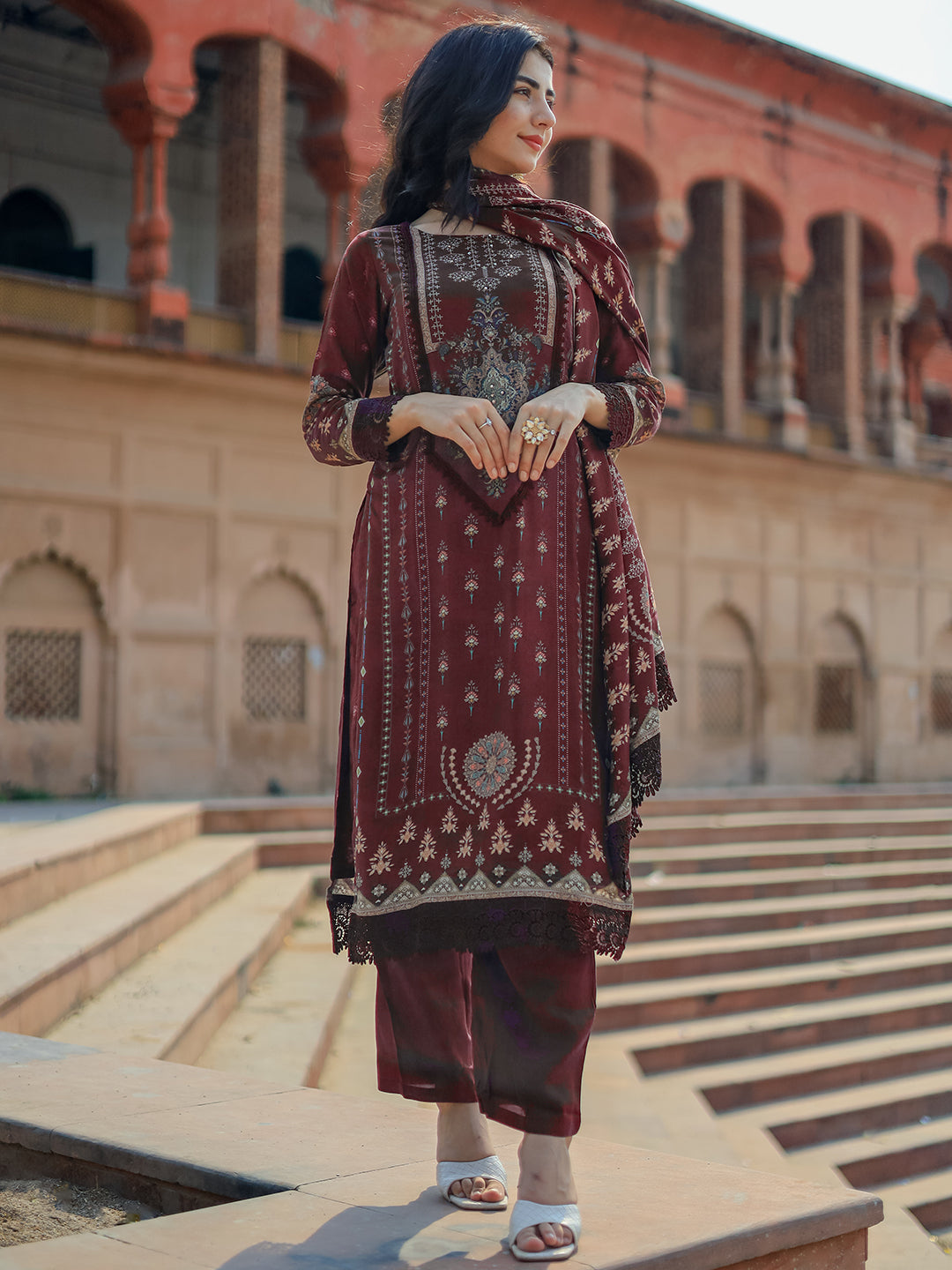 Wine Printed Silk Blend Straight Suit With Dupatta