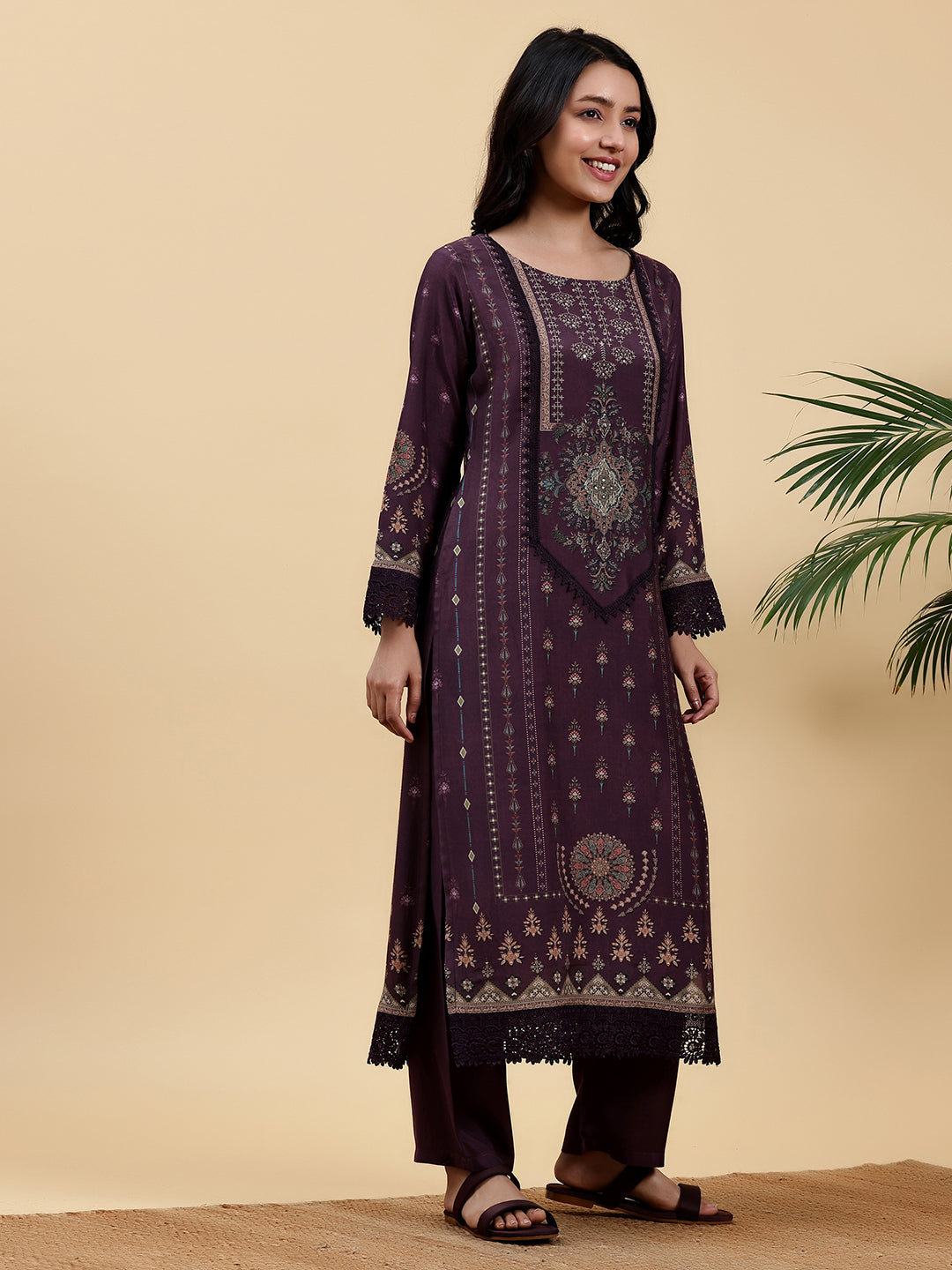 Wine Printed Silk Blend Straight Suit With Dupatta