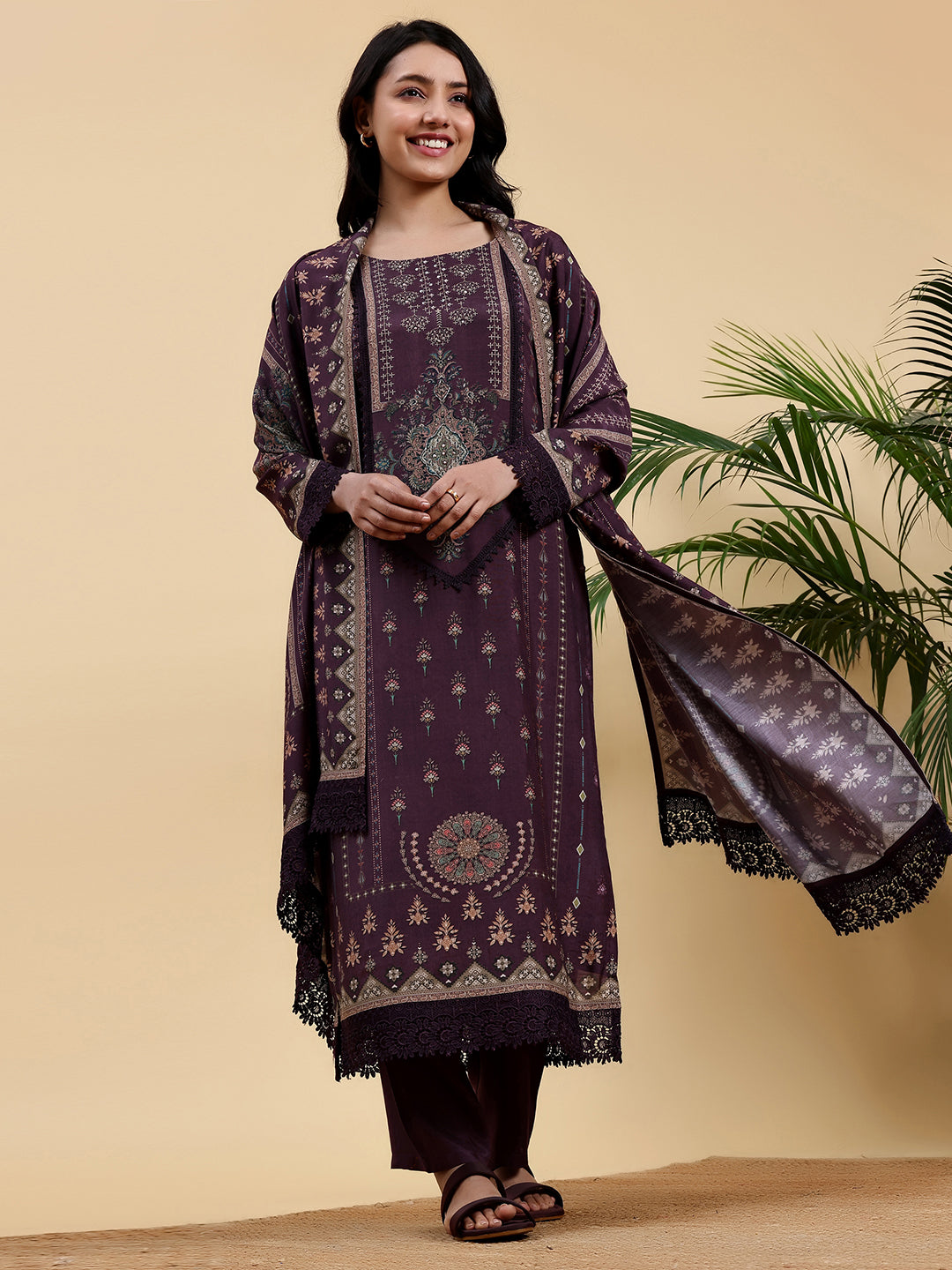 Wine Printed Silk Blend Straight Suit With Dupatta