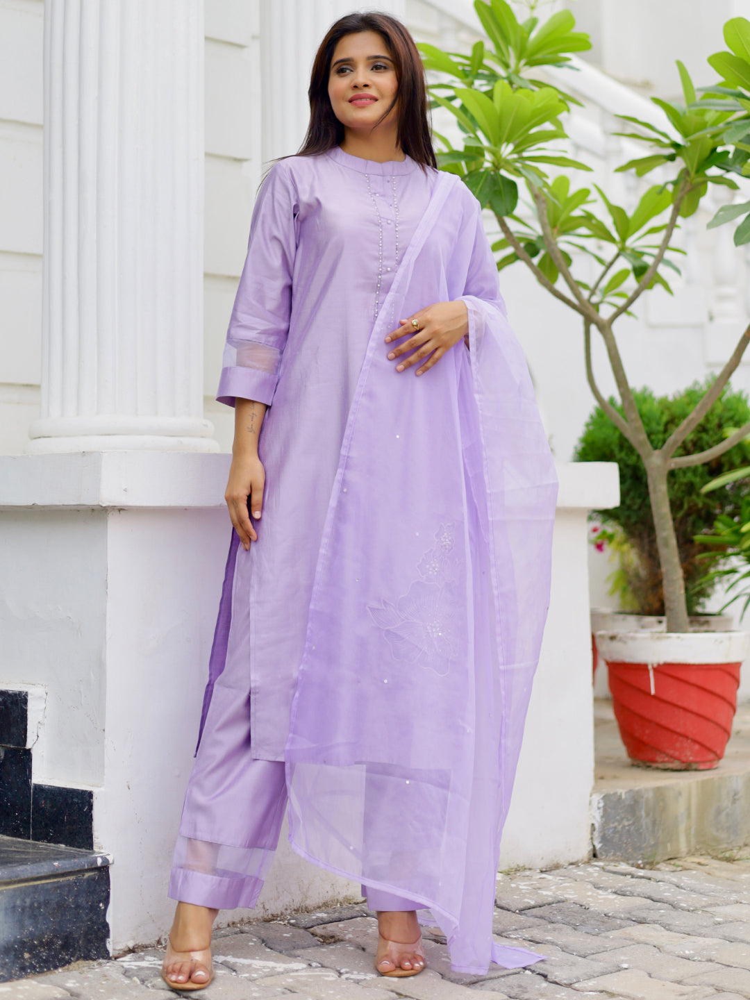 Lavender Solid Silk Blend Straight Suit With Dupatta