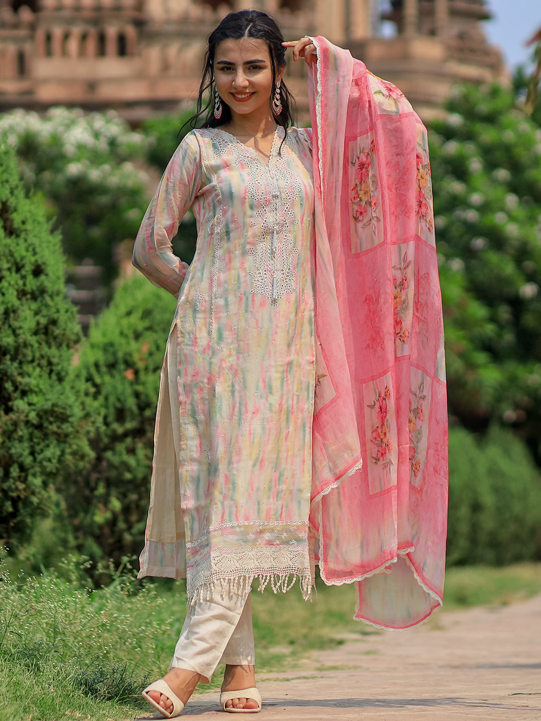 Beige Embroidered Organza Straight Suit With Dupatta