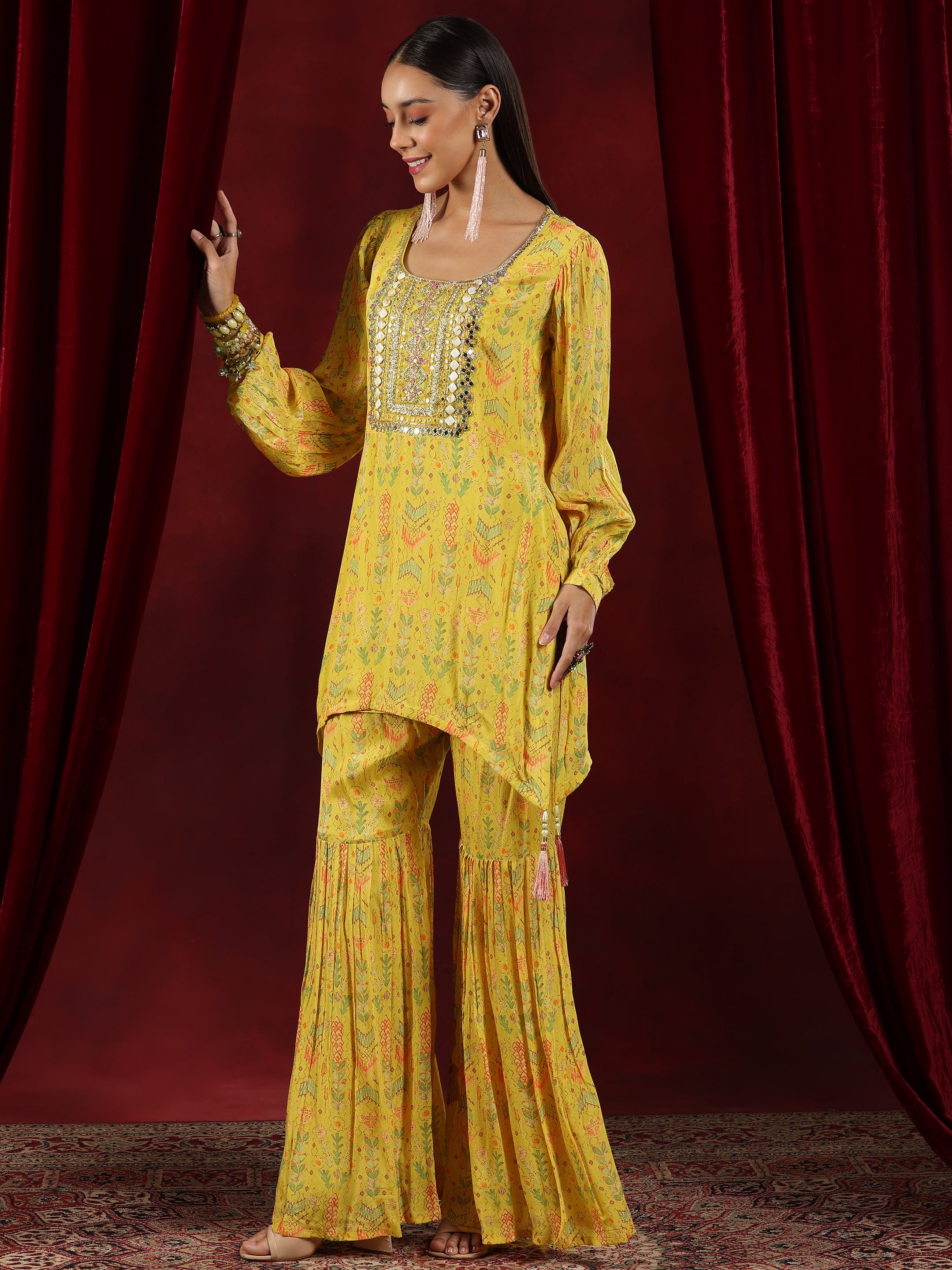 Libas Art Yellow Printed Silk Blend Straight Suit With Dupatta