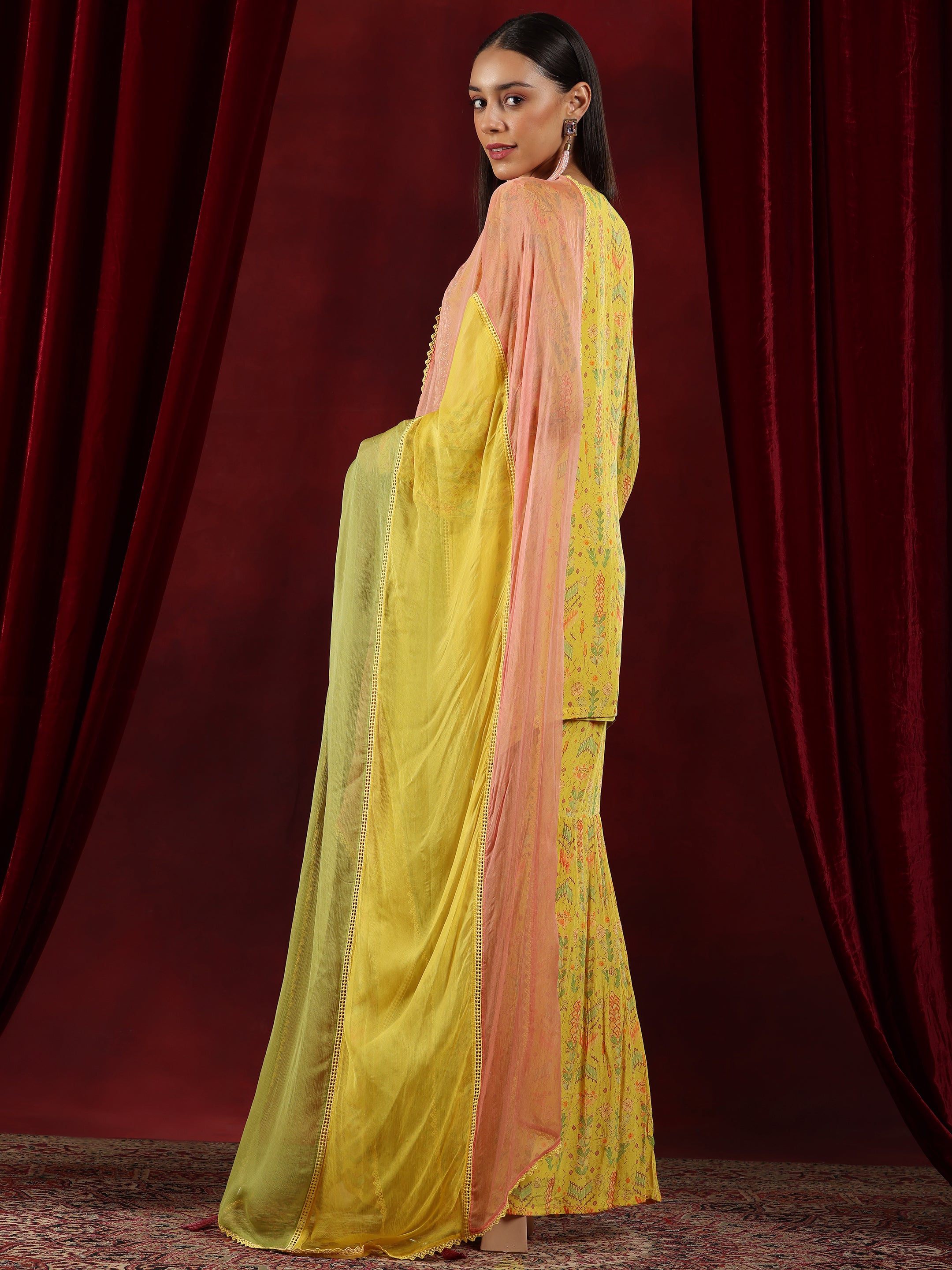 Libas Art Yellow Printed Silk Blend Straight Suit With Dupatta