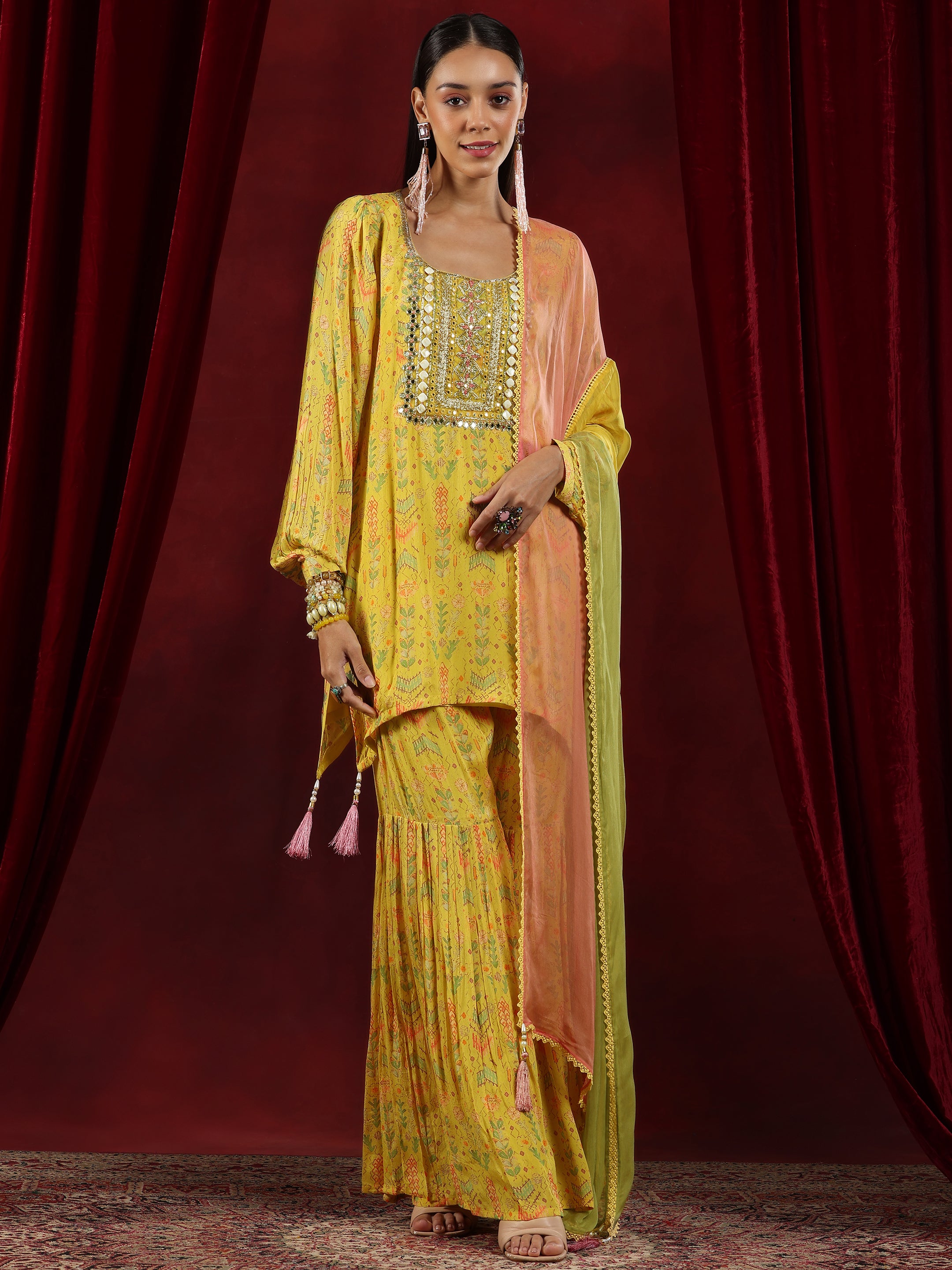 Libas Art Yellow Printed Silk Blend Straight Suit With Dupatta