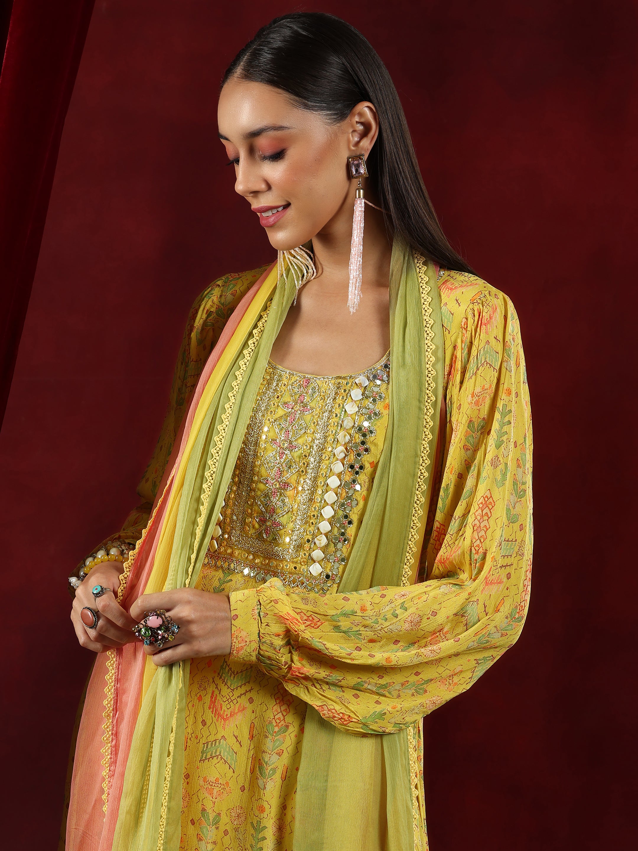 Libas Art Yellow Printed Silk Blend Straight Suit With Dupatta