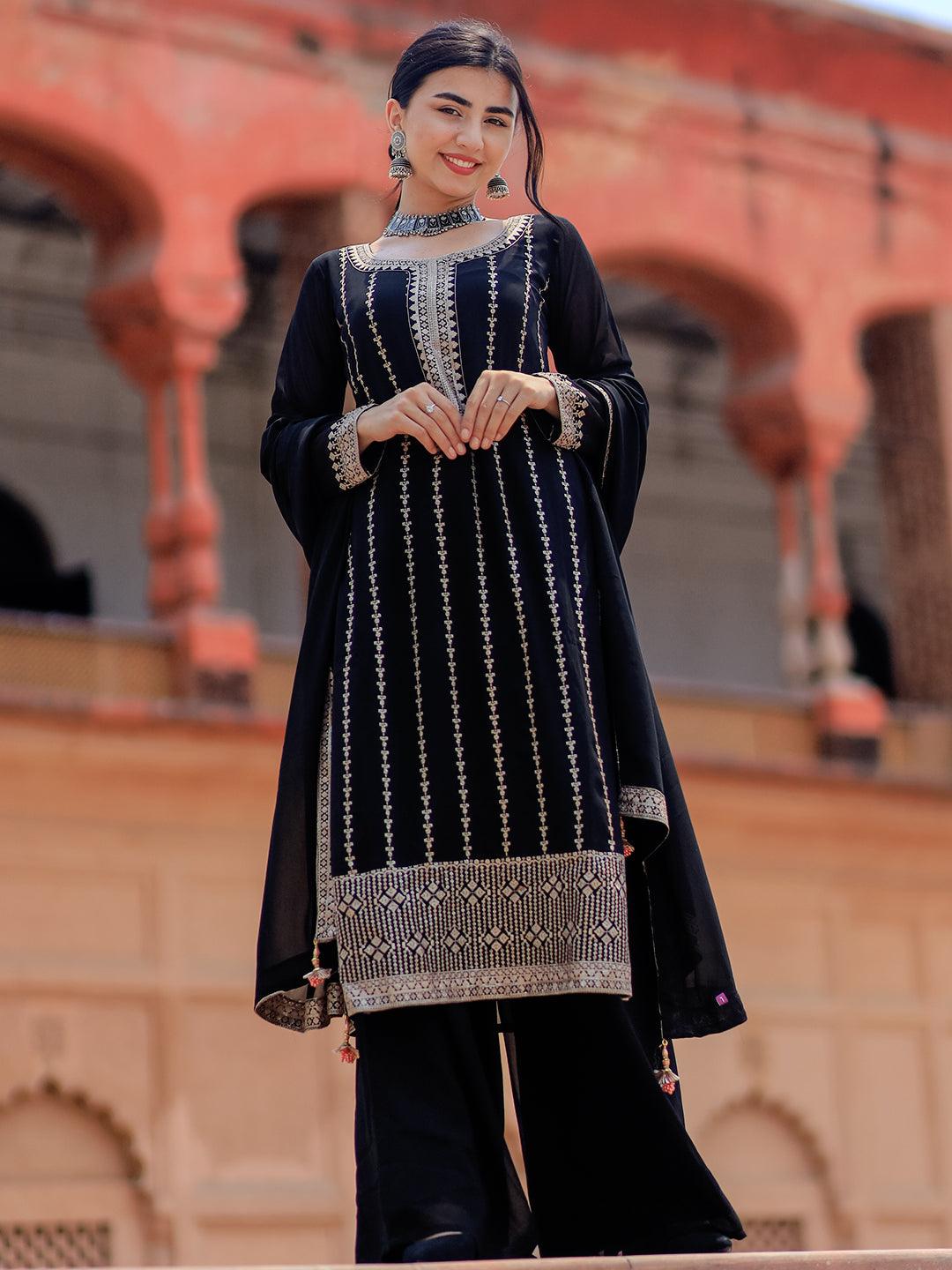 Black Embroidered Georgette Straight Suit With Dupatta