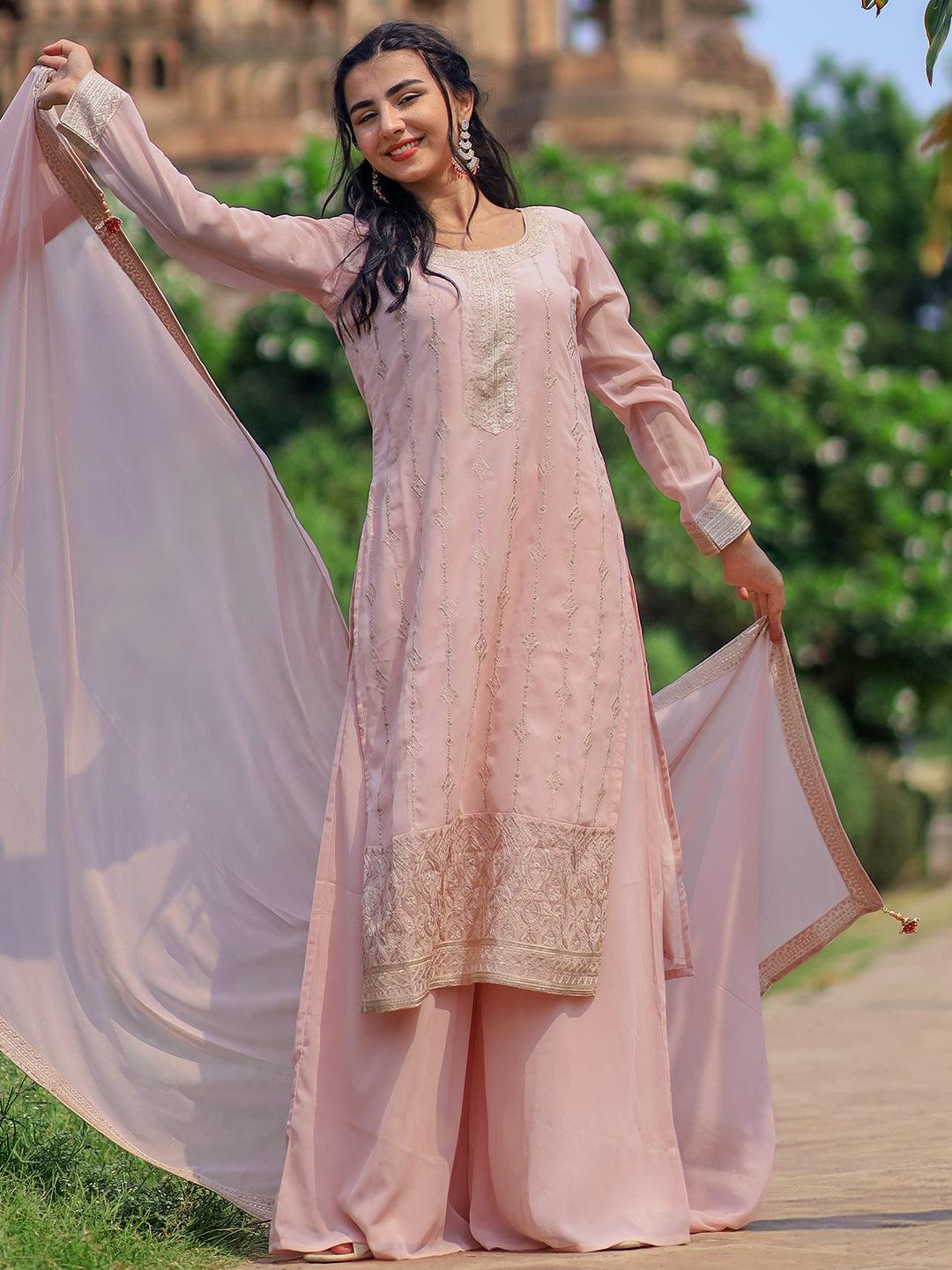 Peach Embroidered Georgette Straight Suit With Dupatta