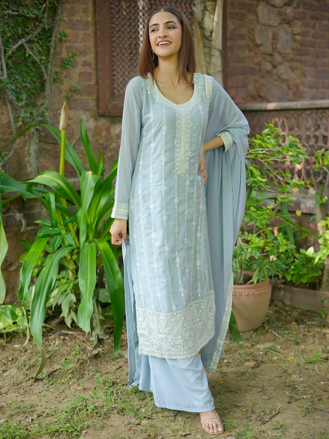 Blue Embroidered Georgette Straight Suit With Dupatta