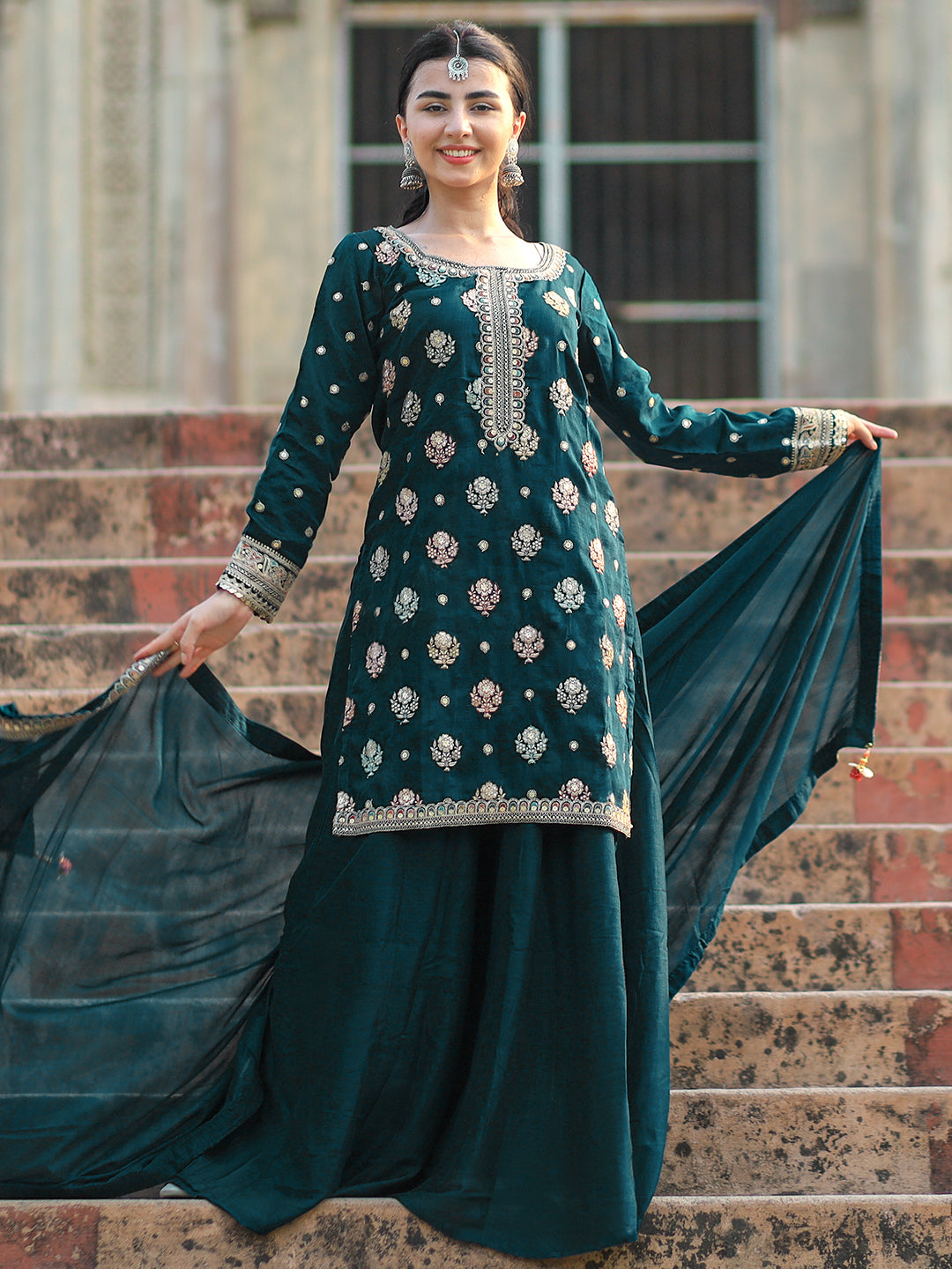 Libas Art Blue Embroidered Silk Blend Straight Suit With Dupatta