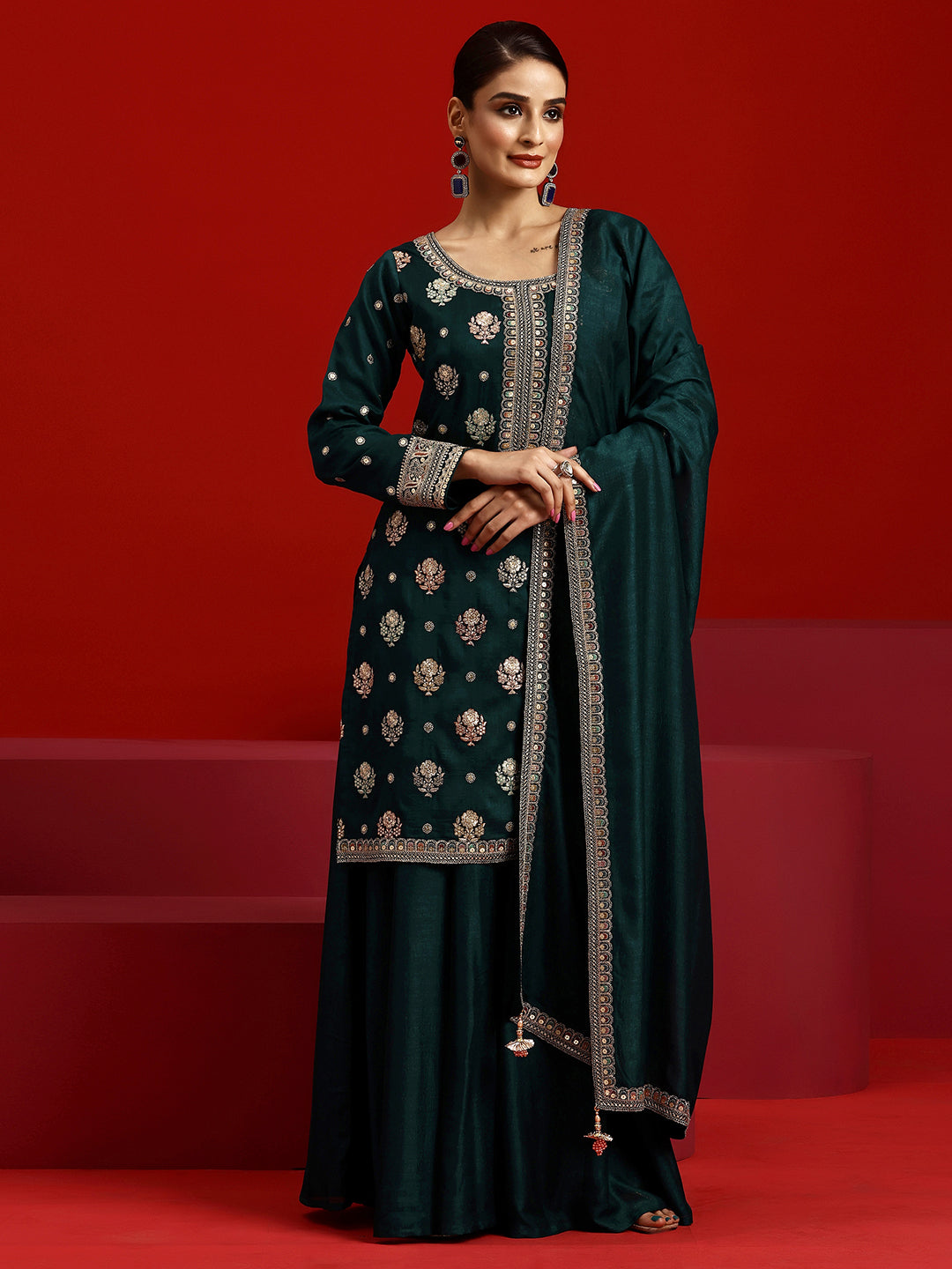 Libas Art Blue Embroidered Silk Blend Straight Suit With Dupatta