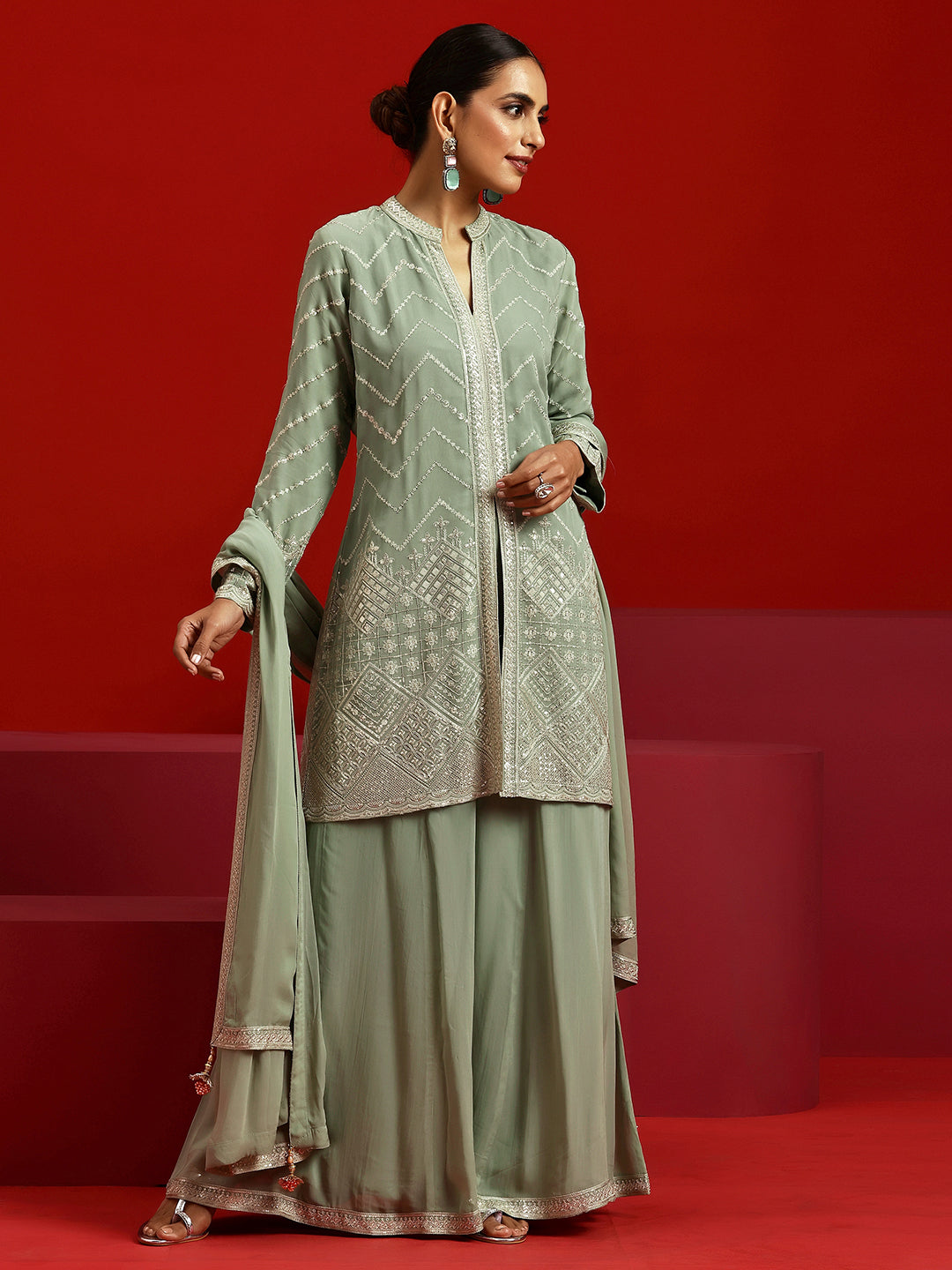 Libas Art Green Embroidered Georgette A-Line Kurta With Sharara & Dupatta