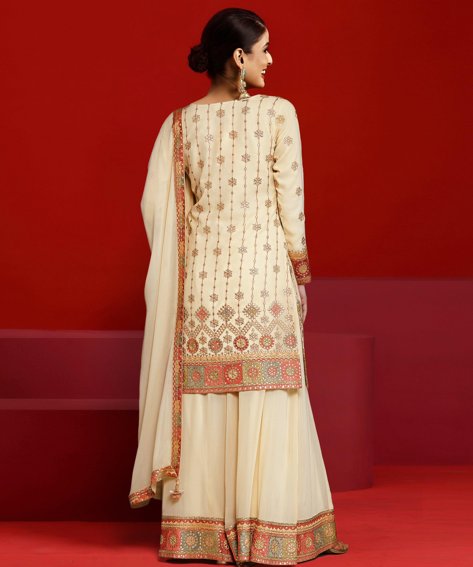 Libas Art Beige Embroidered Georgette Straight Suit With Dupatta