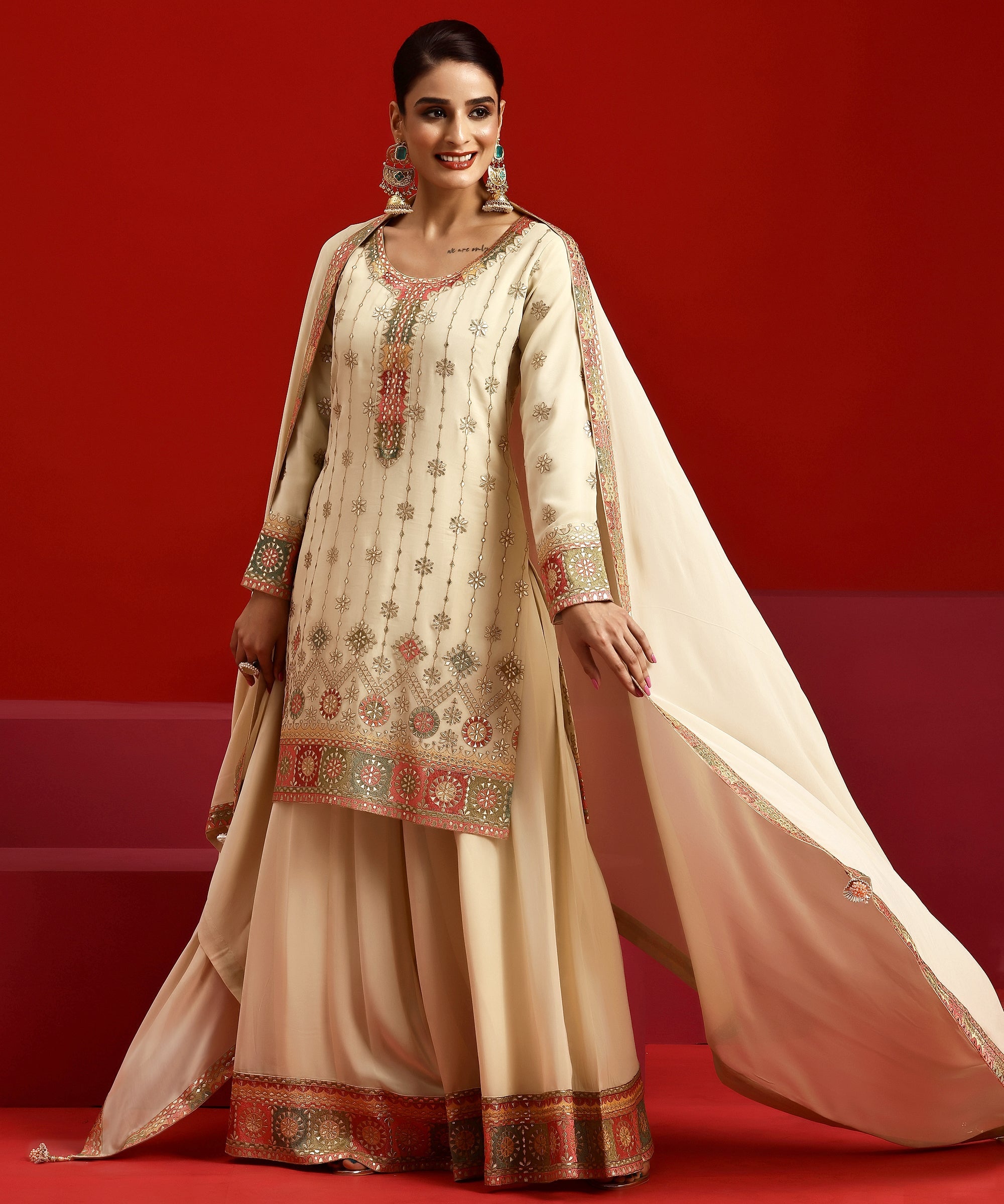 Libas Art Beige Embroidered Georgette Straight Suit With Dupatta