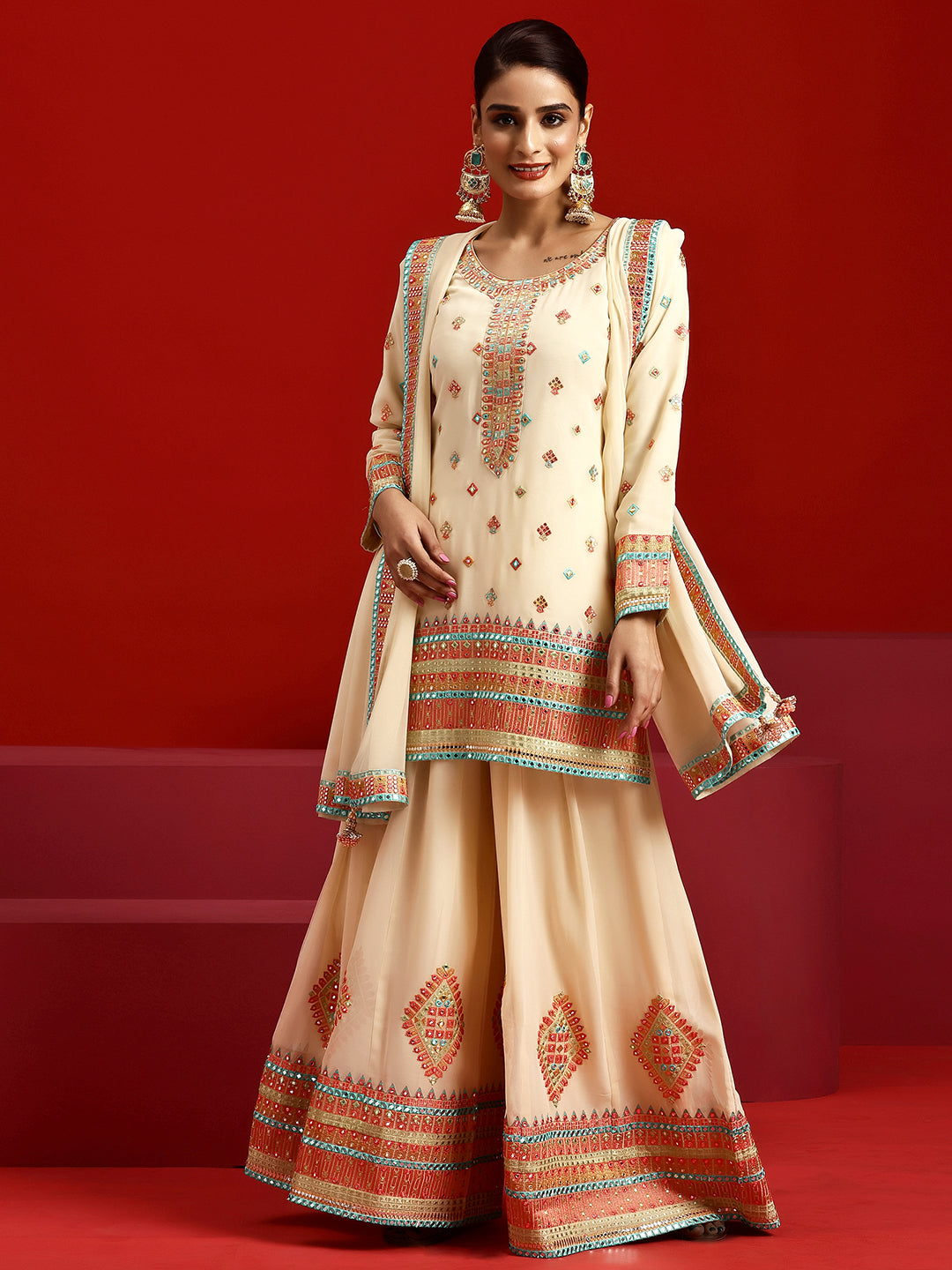 Libas Art Ivory Embroidered Georgette Straight Suit With Dupatta