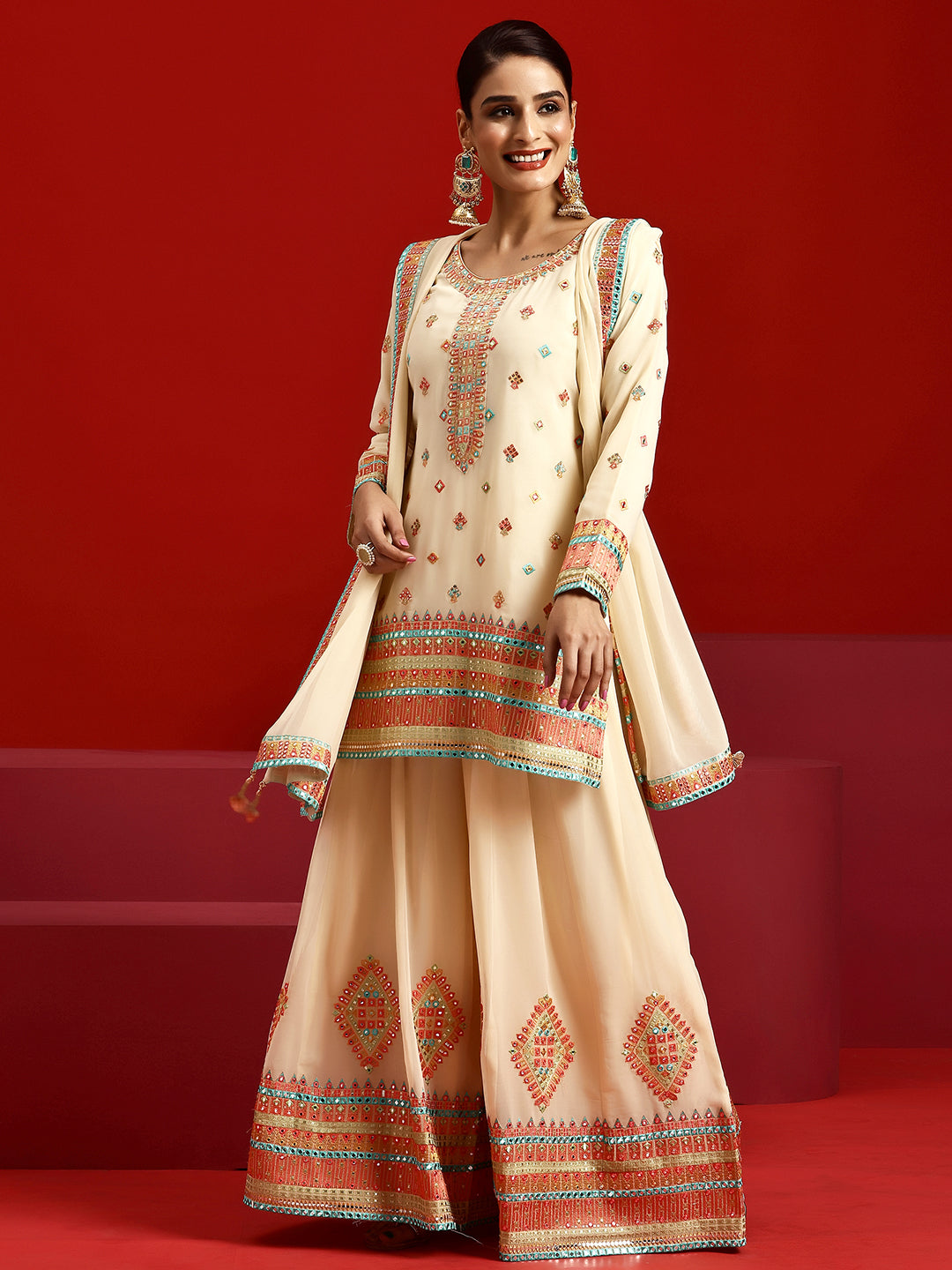 Libas Art Ivory Embroidered Georgette Straight Suit With Dupatta