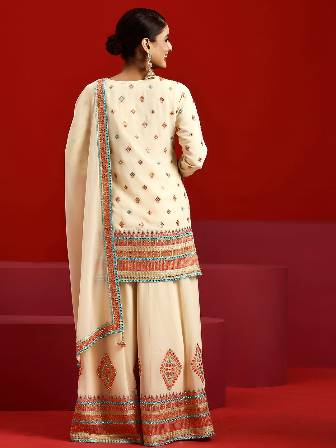 Libas Art Ivory Embroidered Georgette Straight Suit With Dupatta