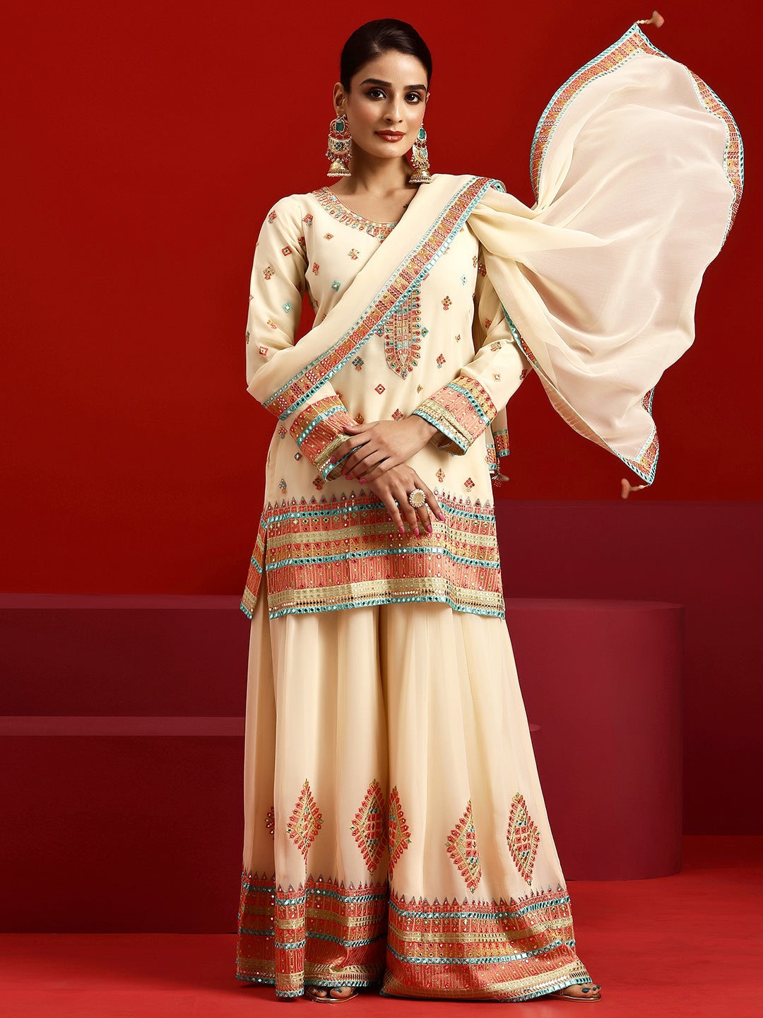 Libas Art Ivory Embroidered Georgette Straight Suit With Dupatta