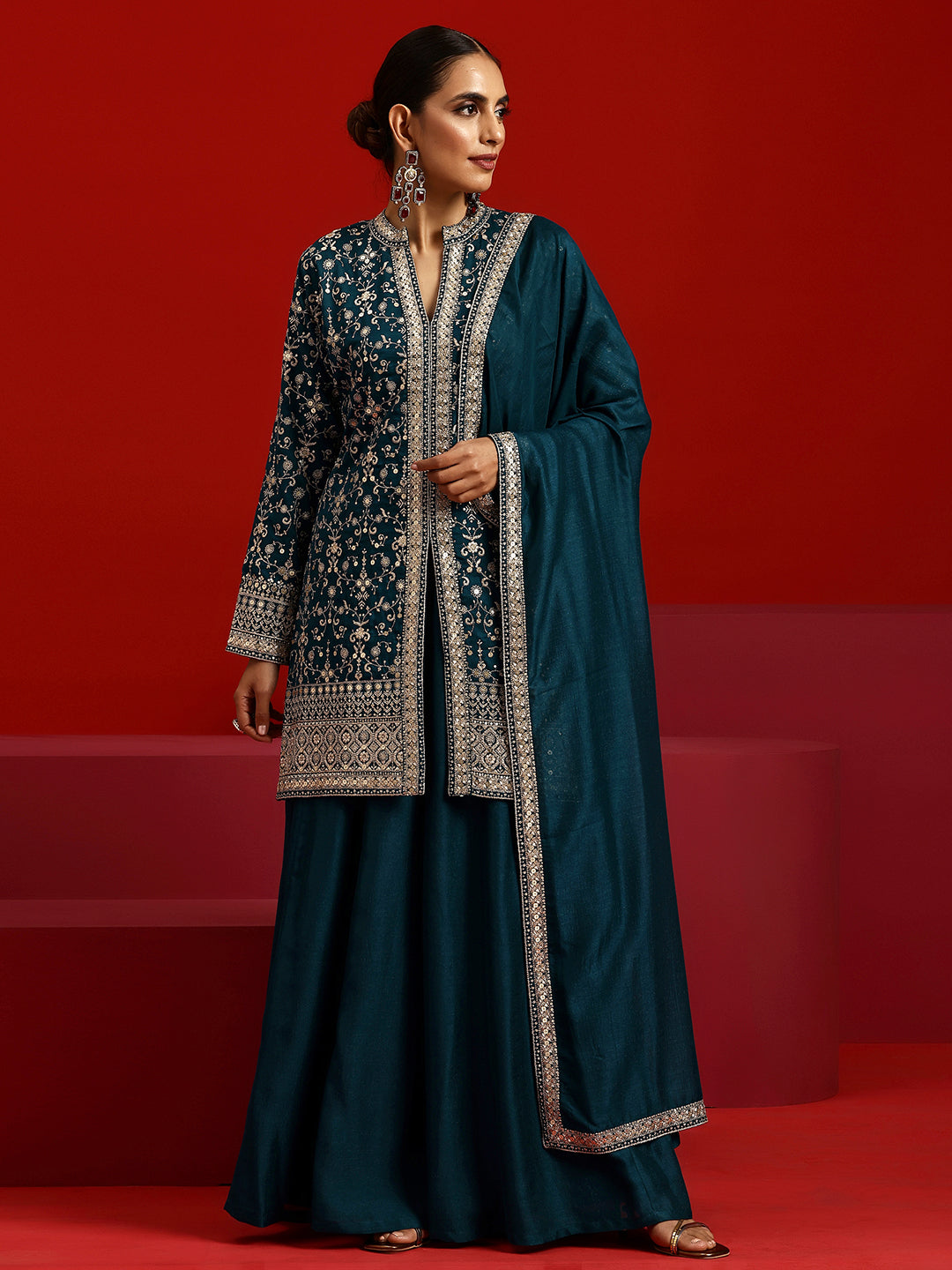 Libas Art Teal Embroidered Silk Blend Straight Suit With Dupatta