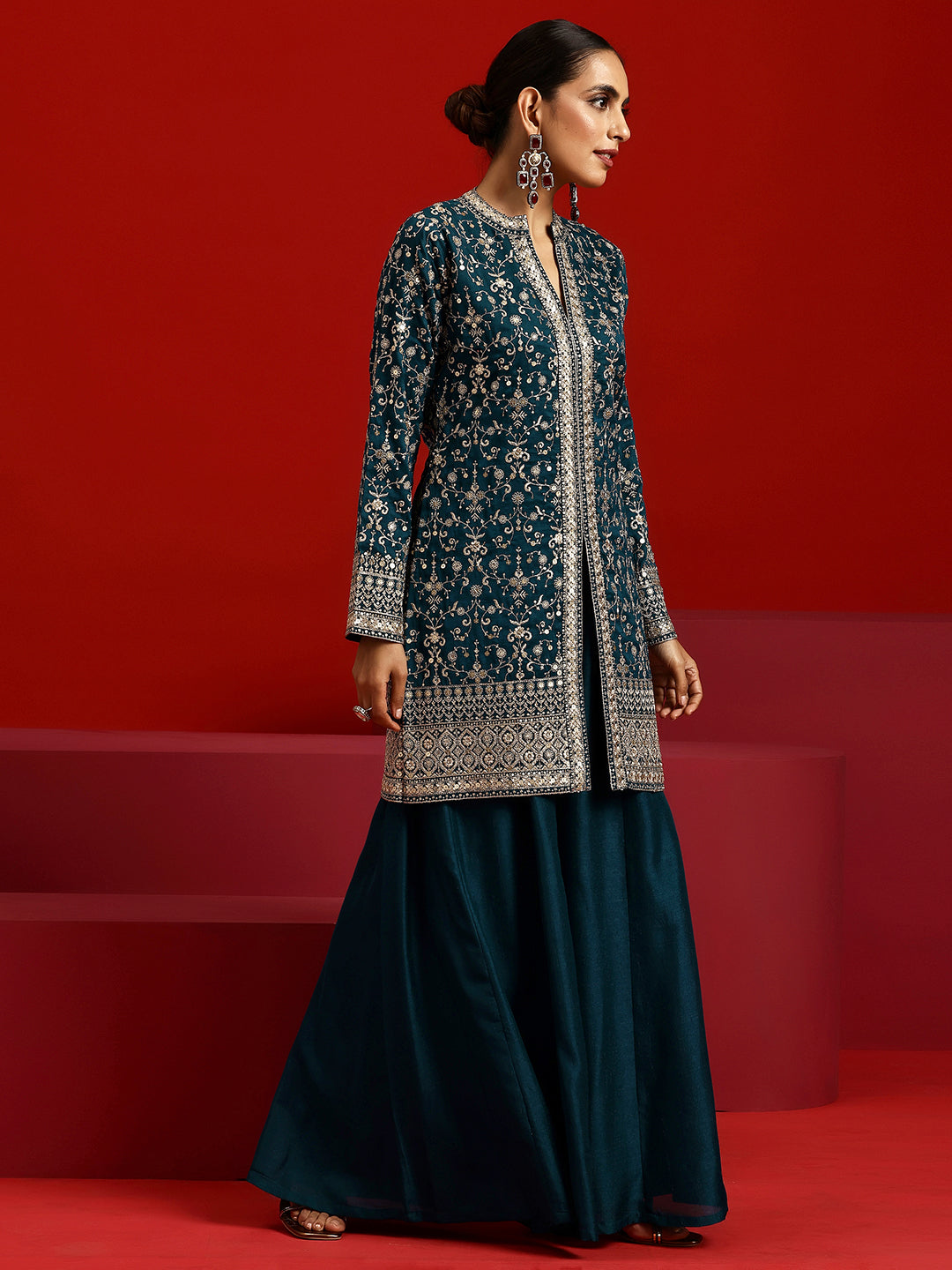 Libas Art Teal Embroidered Silk Blend Straight Suit With Dupatta