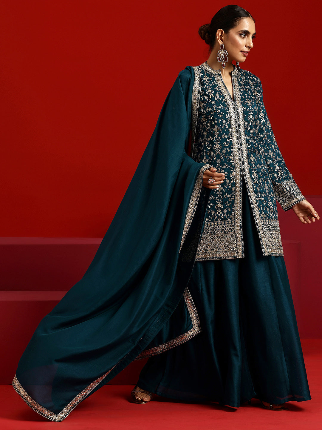 Libas Art Teal Embroidered Silk Blend Straight Suit With Dupatta