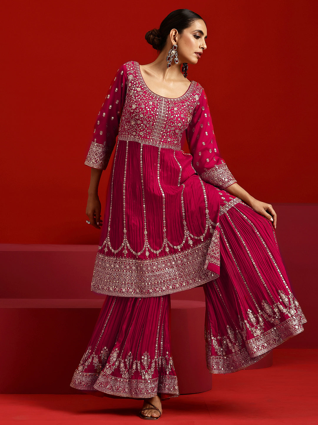 Libas Art Pink Embroidered Silk Blend Straight Suit With Dupatta