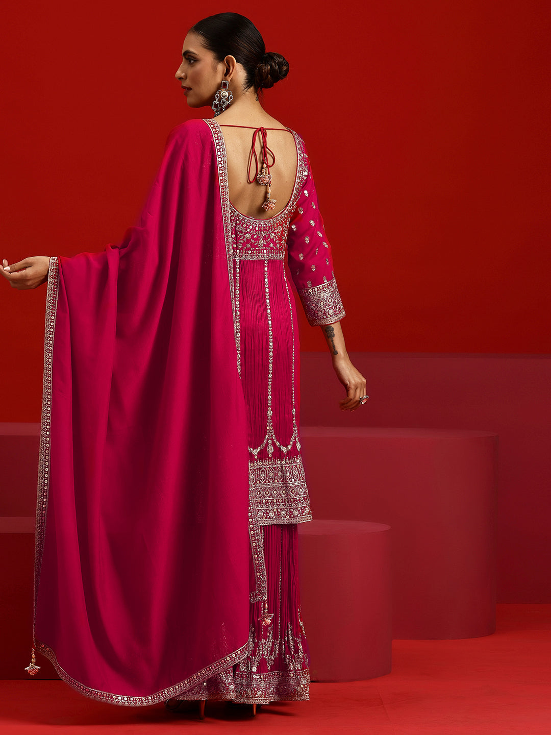 Libas Art Pink Embroidered Silk Blend Straight Suit With Dupatta