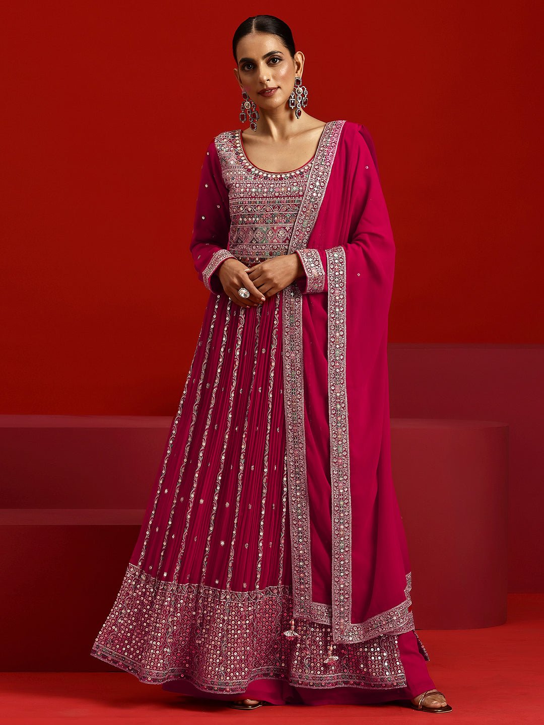 Libas Art Hot Pink Embroidered Georgette A-Line Kurta With Palazzos & Dupatta