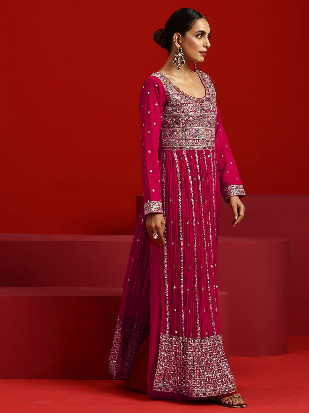 Libas Art Hot Pink Embroidered Georgette A-Line Kurta With Palazzos & Dupatta