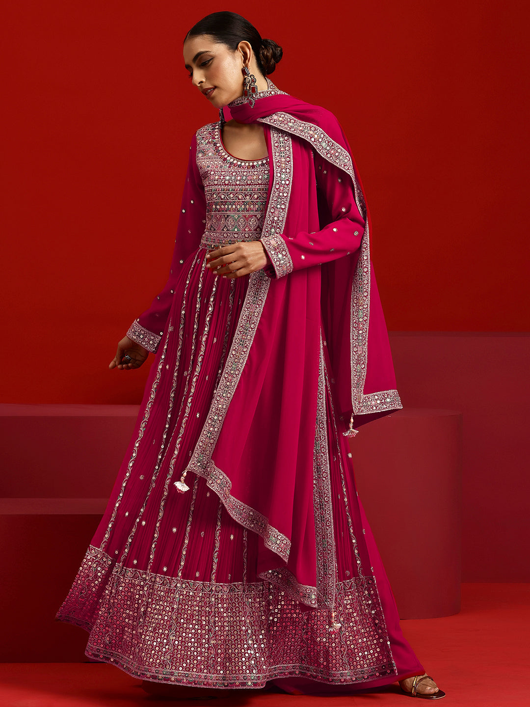 Libas Art Hot Pink Embroidered Georgette A-Line Kurta With Palazzos & Dupatta