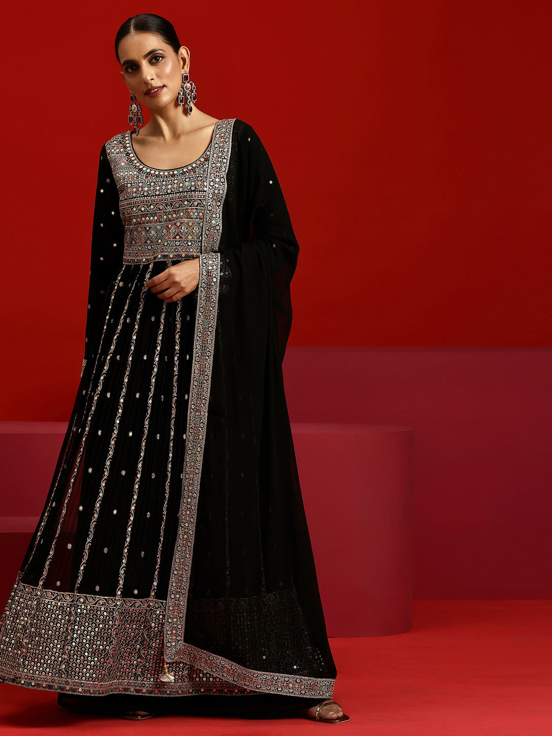 Libas Art Black Embroidered Georgette A-Line Kurta With Palazzos & Dupatta