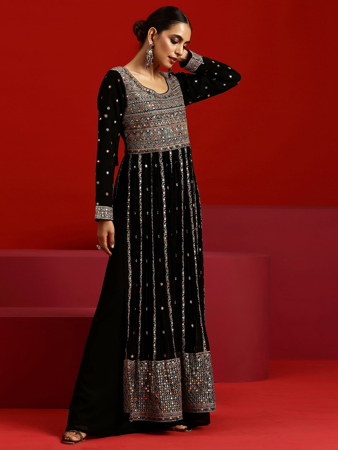 Libas Art Black Embroidered Georgette A-Line Kurta With Palazzos & Dupatta