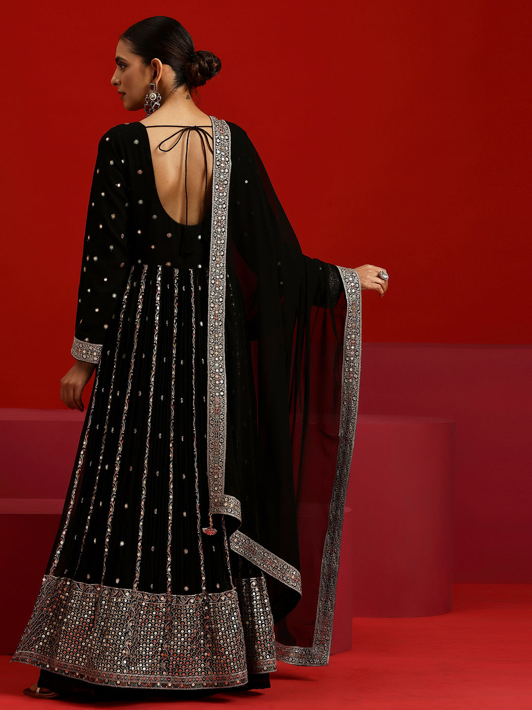 Libas Art Black Embroidered Georgette A-Line Kurta With Palazzos & Dupatta