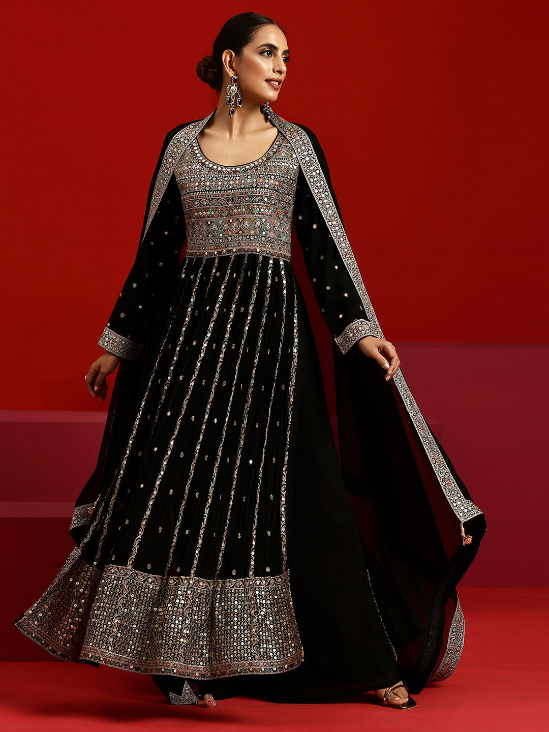 Libas Art Black Embroidered Georgette A-Line Kurta With Palazzos & Dupatta