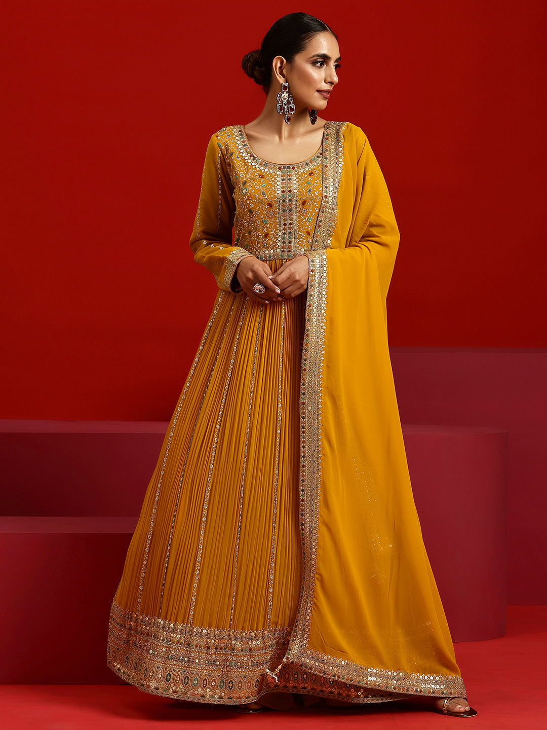 Libas Art Amber Embroidered Georgette A-Line Kurta With Palazzos & Dupatta