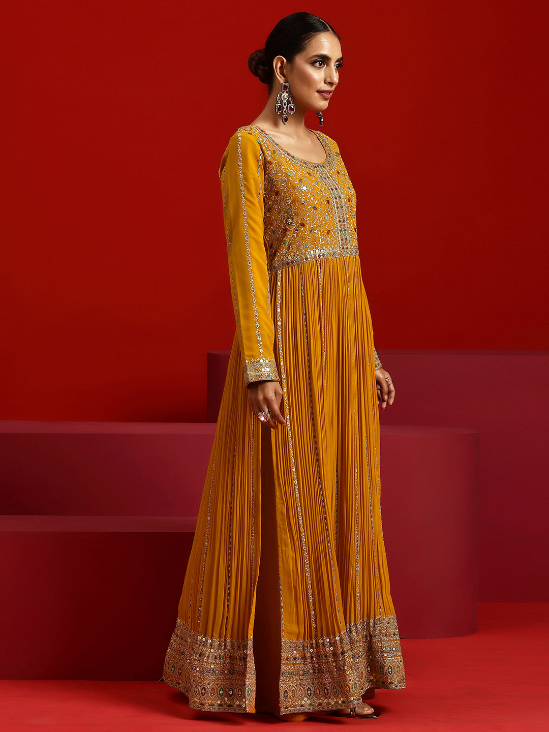 Libas Art Amber Embroidered Georgette A-Line Kurta With Palazzos & Dupatta