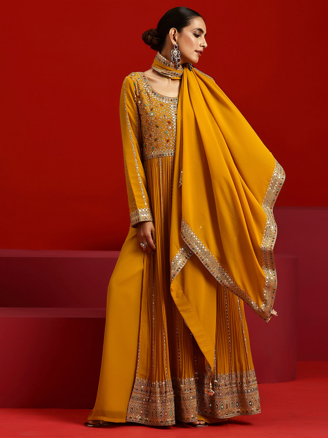 Libas Art Amber Embroidered Georgette A-Line Kurta With Palazzos & Dupatta