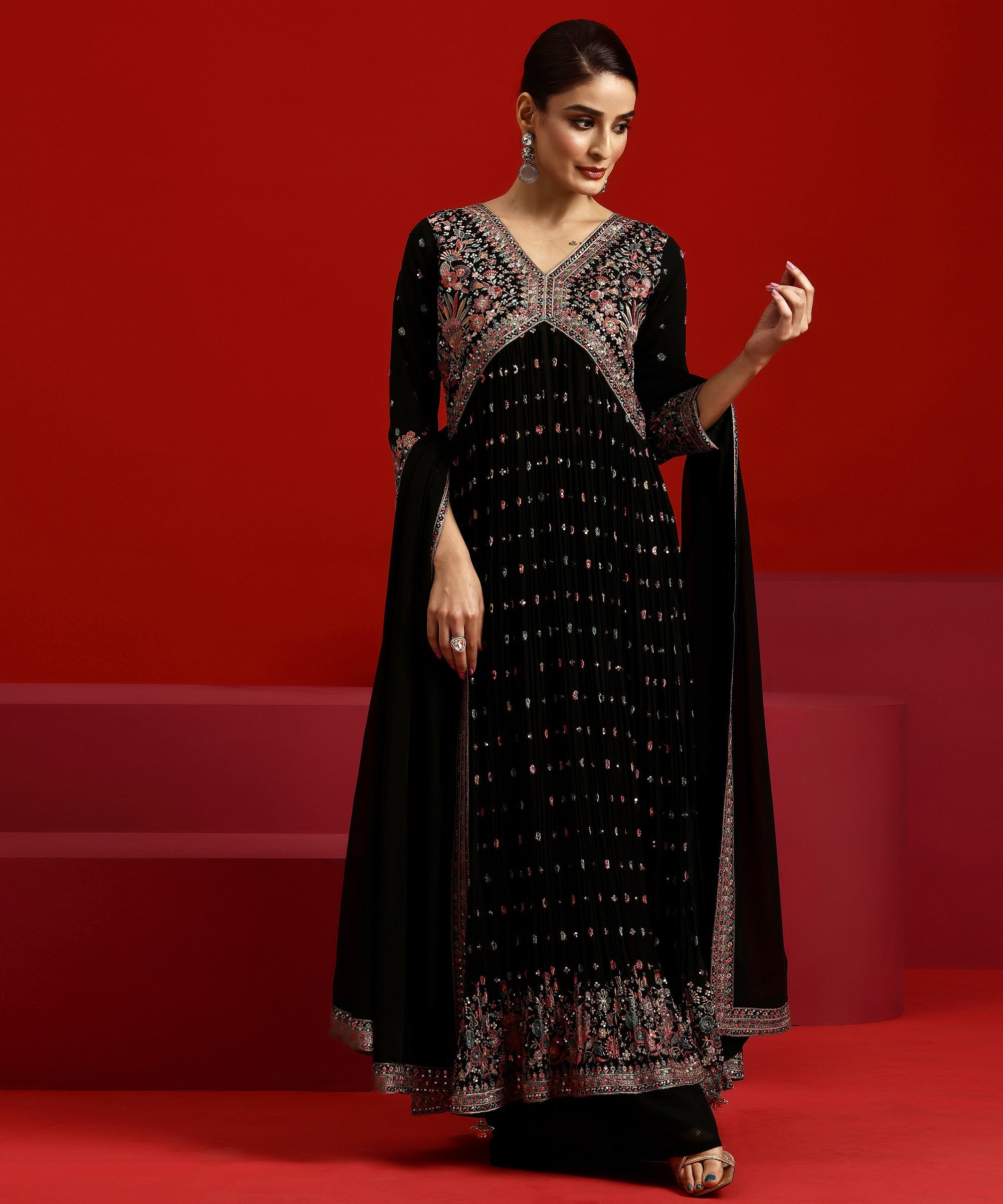 Libas Art Black Embroidered Georgette A-Line Kurta With Palazzos & Dupatta