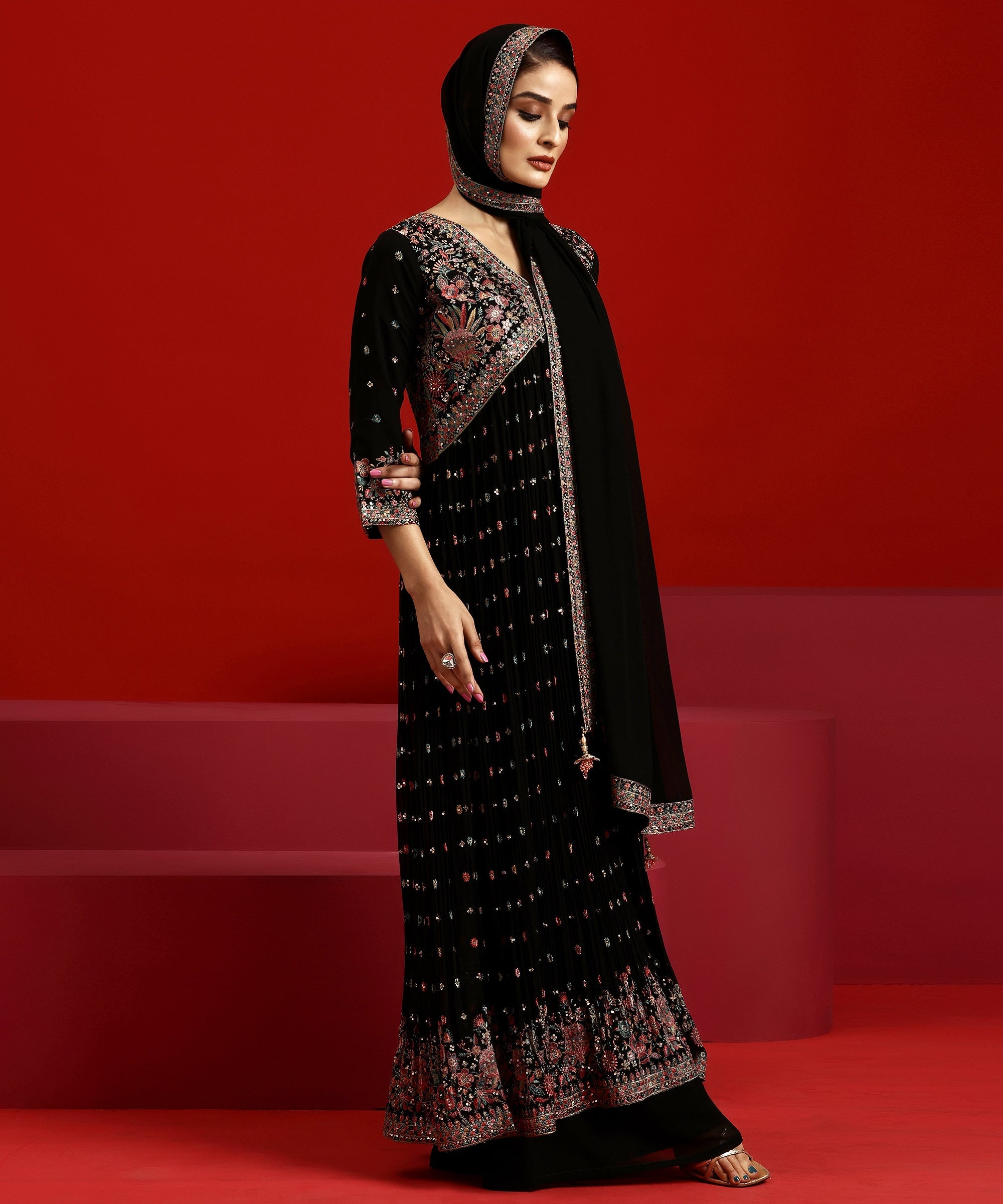 Libas Art Black Embroidered Georgette A-Line Kurta With Palazzos & Dupatta