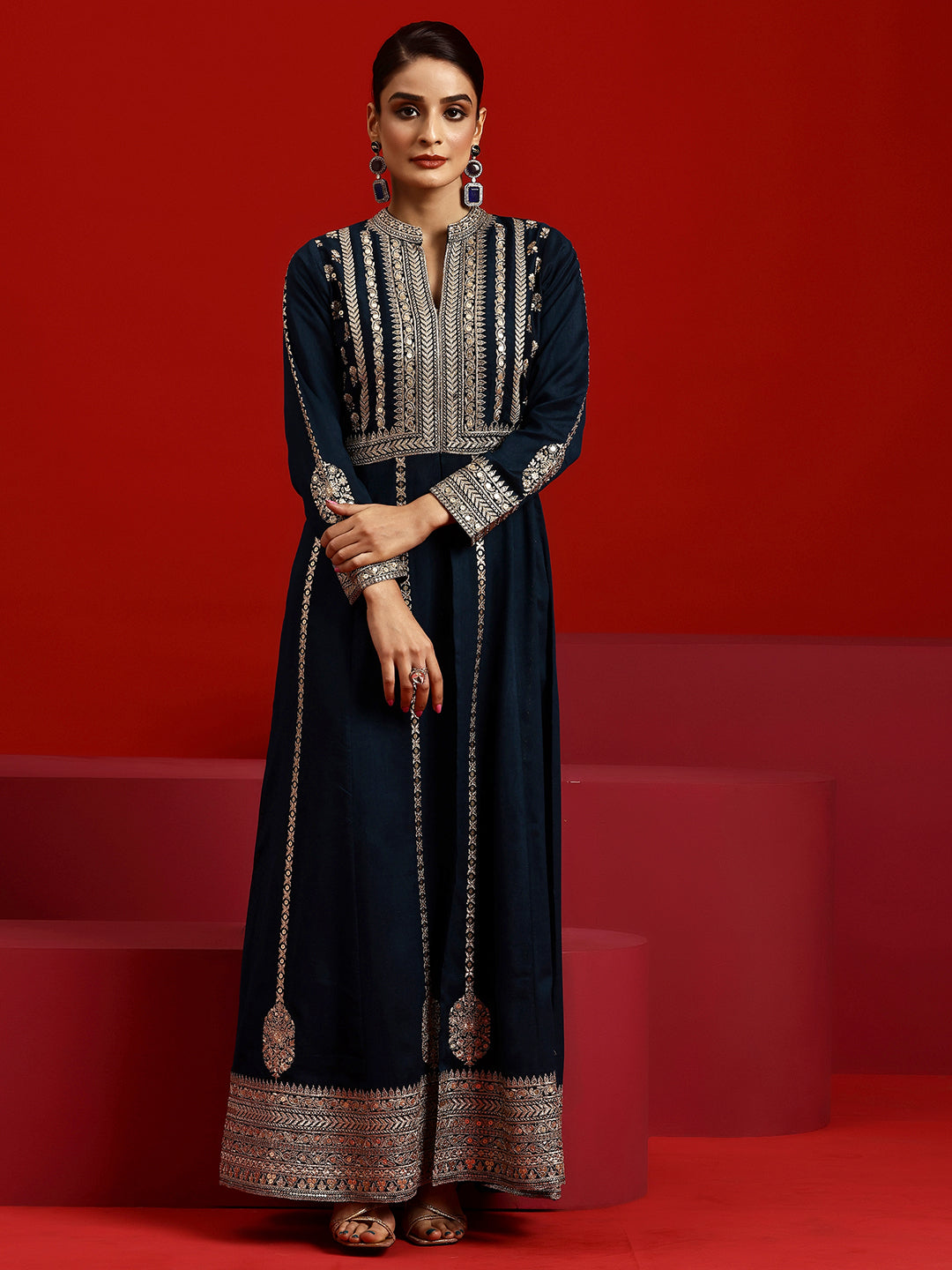 Libas Art Navy Embroidered Georgette A-Line Kurta With Trousers & Dupatta