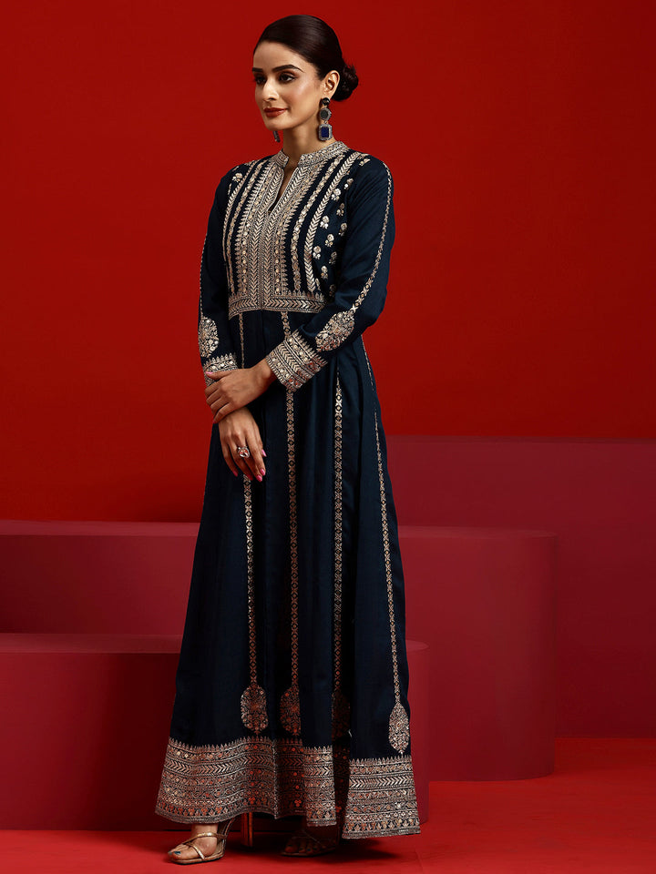 Libas Art Navy Embroidered Georgette A-Line Kurta With Trousers & Dupatta