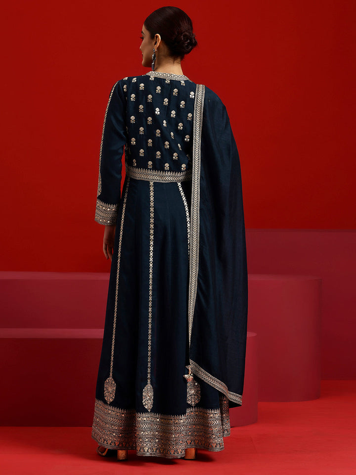 Libas Art Navy Embroidered Georgette A-Line Kurta With Trousers & Dupatta