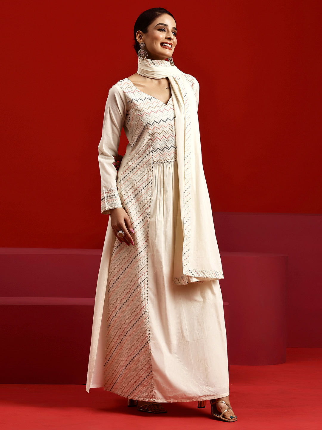 Libas Art Off White Embroidered Cotton A-Line Kurta With Trousers & Dupatta