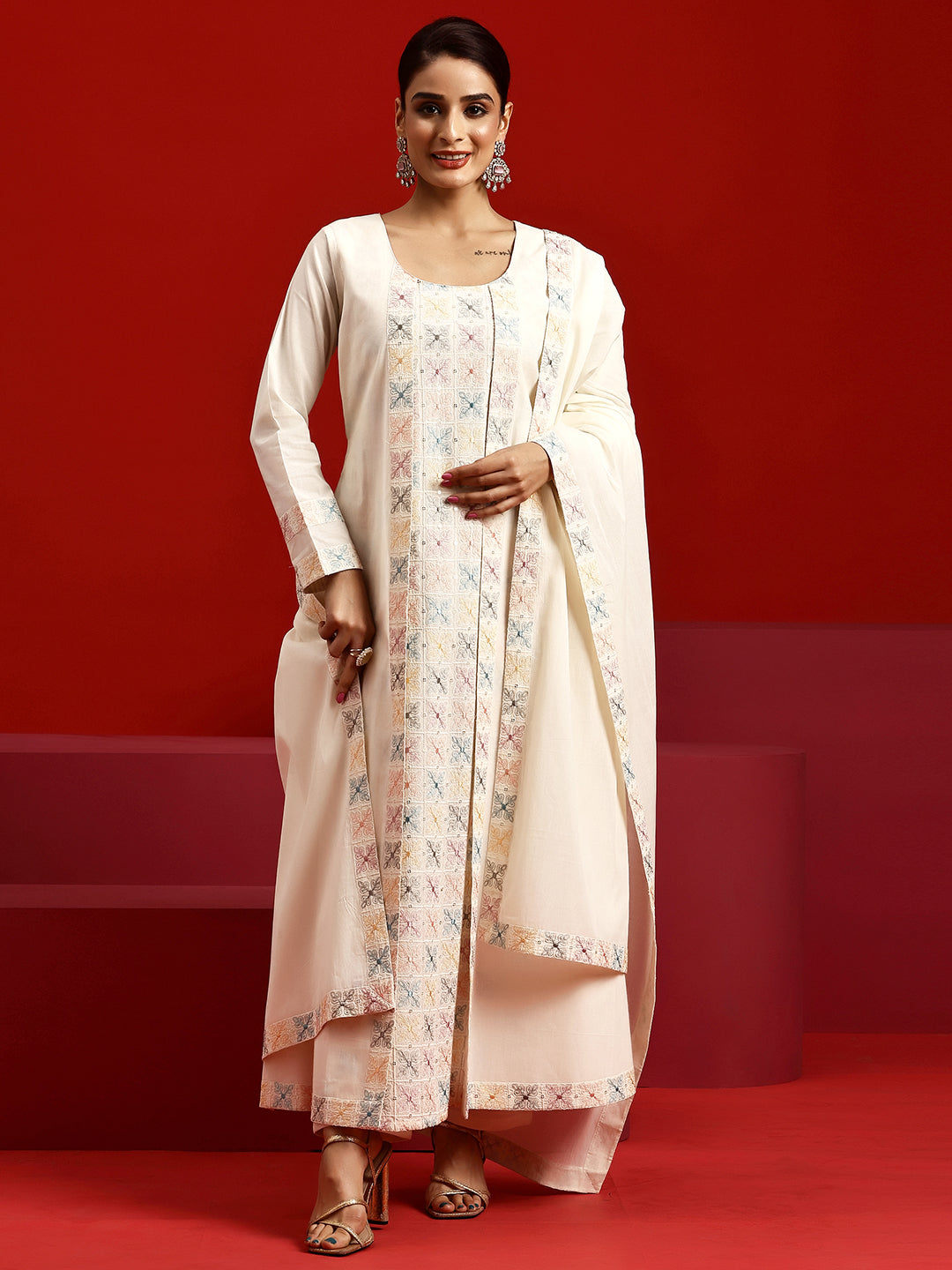 Libas Art Off White Embroidered Cotton A-Line Kurta With Trousers & Dupatta