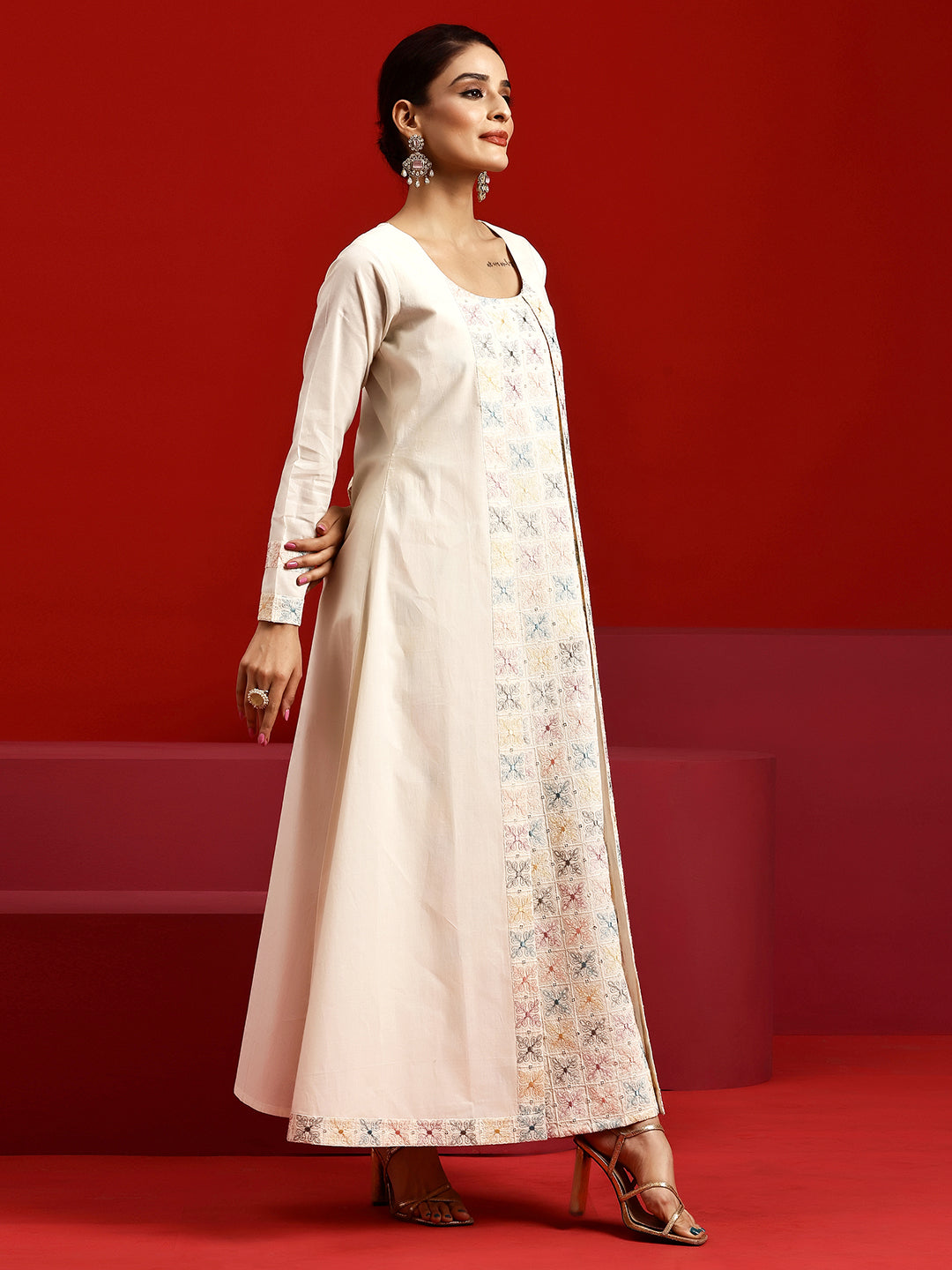 Libas Art Off White Embroidered Cotton A-Line Kurta With Trousers & Dupatta