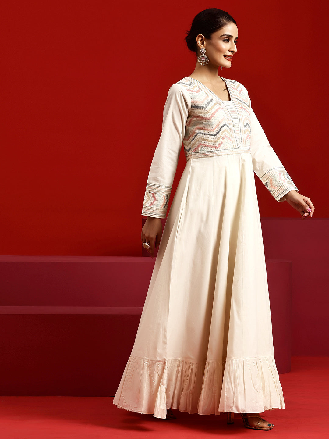 Libas Art Off White Embroidered Cotton A-Line Kurta With Trousers & Dupatta